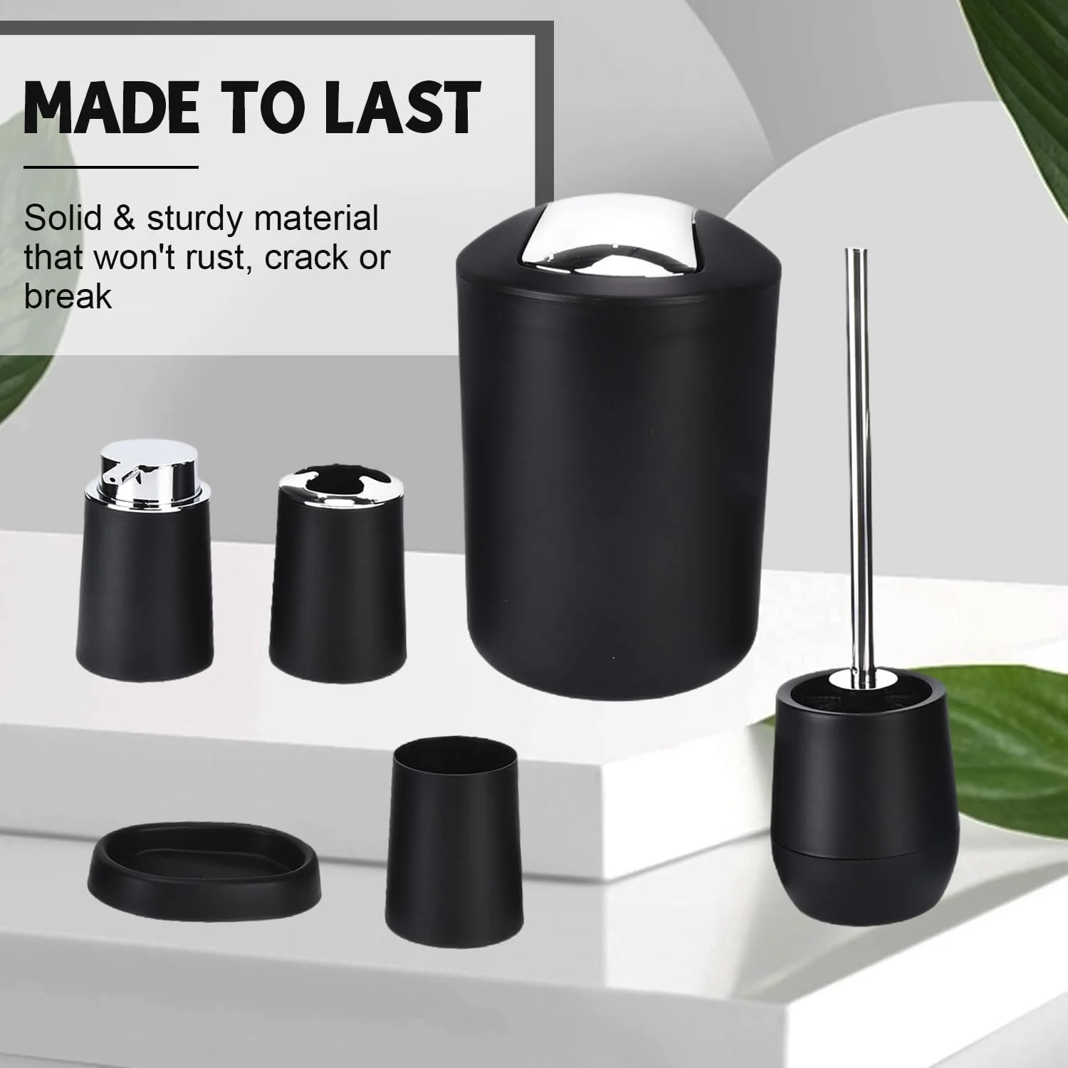 ست کامل لوازم جانبی حمام Tissting، طراحی مدرن، پلاستیک PP مشکی، شامل سطل زباله، برس توالت، جا مسواکی، جا مایع لوسیون، جا صابونی، لیوان ست کامل لوازم جانبی حمام Tissting، طراحی مدرن، پلاستیک PP مشکی، شامل سطل زباله، برس توالت، جا مسواکی، جا مایع لوسیون، جا صابونی، لیوان