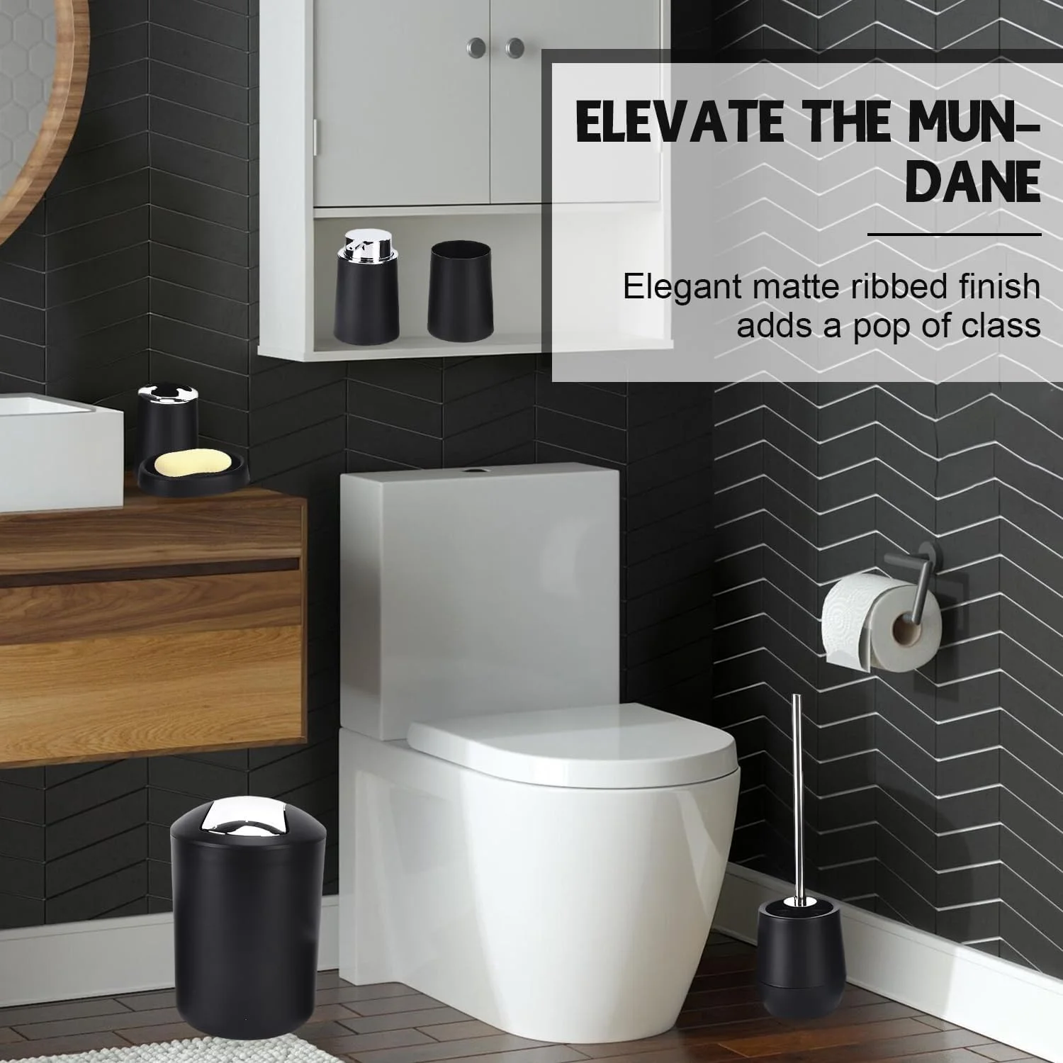 ست کامل لوازم جانبی حمام Tissting، طراحی مدرن، پلاستیک PP مشکی، 6 تکه شامل سطل زباله، برس توالت، جا مسواکی، جا مایع لوسیون، جا صابونی، لیوان ست کامل لوازم جانبی حمام Tissting، طراحی مدرن، پلاستیک PP مشکی، 6 تکه شامل سطل زباله، برس توالت، جا مسواکی، جا مایع لوسیون، جا صابونی، لیوان