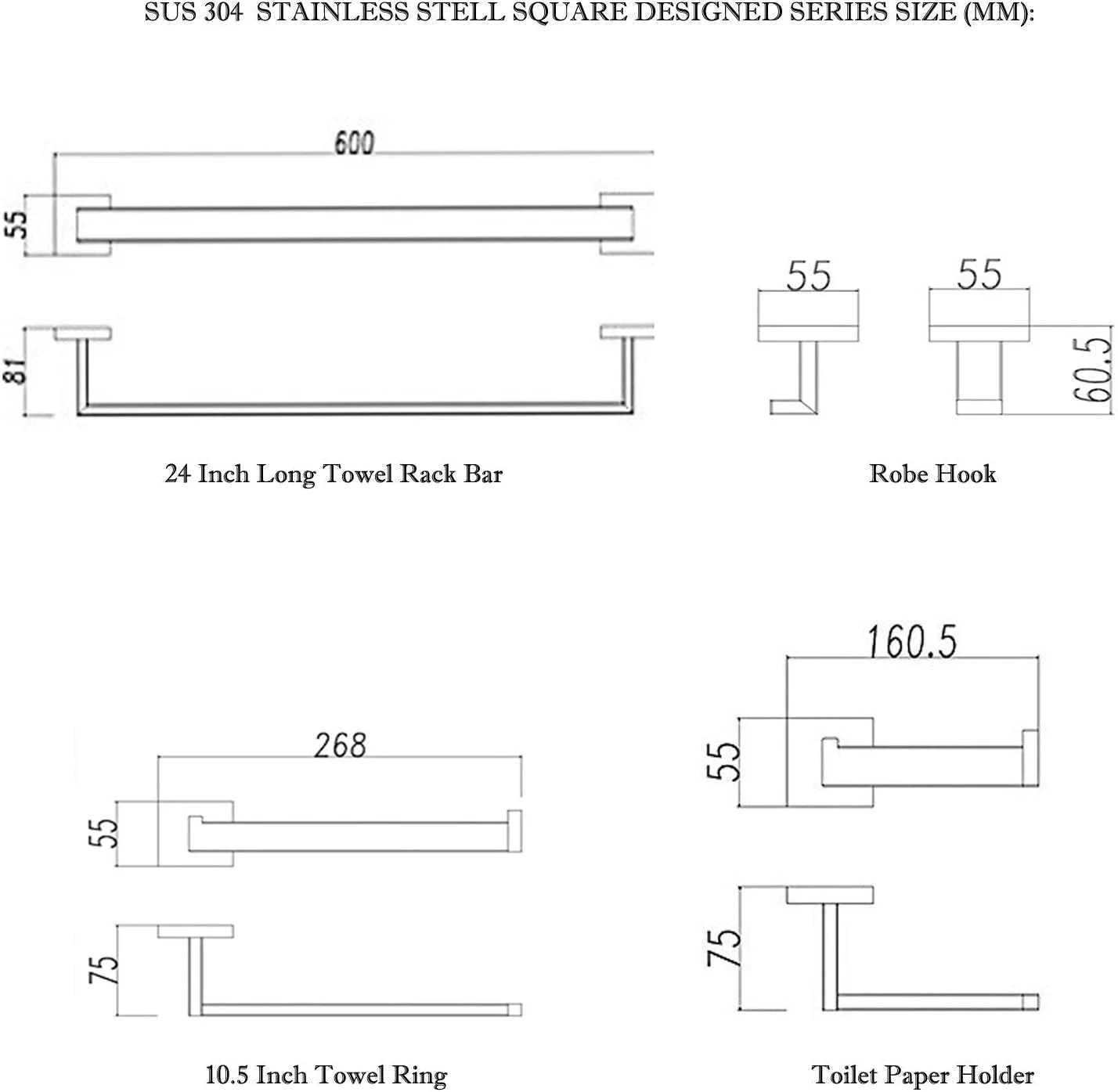ست لوازم جانبی حمام ThinkTop، استیل ضد زنگ با روکش کروم، نصب دیواری مربعی، ست 5 تکه شامل حلقه حوله، میله حوله 60 سانتی متری، جا دستمال توالت، 2 عدد آویز لباس ست لوازم جانبی حمام ThinkTop، استیل ضد زنگ با روکش کروم، نصب دیواری مربعی، ست 5 تکه شامل حلقه حوله، میله حوله 60 سانتی متری، جا دستمال توالت، 2 عدد آویز لباس