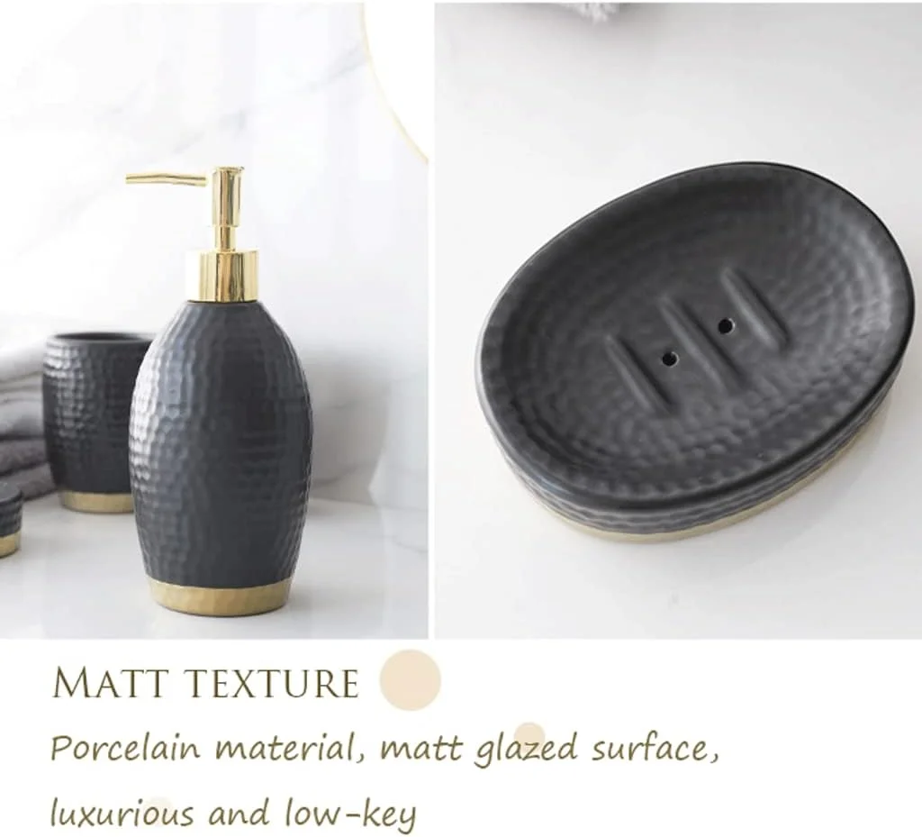 ست لوازم جانبی حمام با بافت مات، شامل جای مایع دستشویی سرامیکی، جای مسواک، لیوان و جا صابونی (مشکی) ست لوازم جانبی حمام با بافت مات، شامل جای مایع دستشویی سرامیکی، جای مسواک، لیوان و جا صابونی (مشکی)