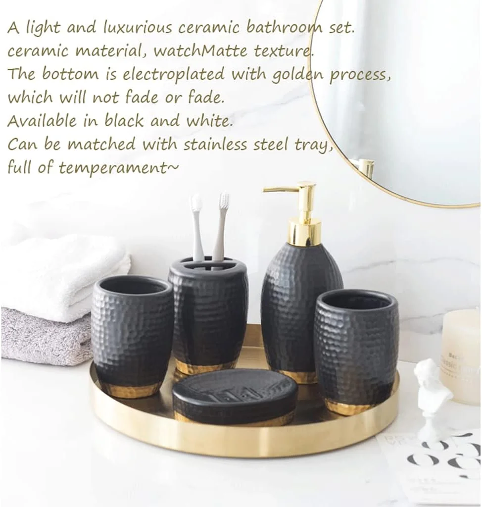 ست لوازم جانبی حمام با بافت مات، شامل جای مایع دستشویی سرامیکی، جای مسواک، لیوان و جا صابونی (مشکی) ست لوازم جانبی حمام با بافت مات، شامل جای مایع دستشویی سرامیکی، جای مسواک، لیوان و جا صابونی (مشکی)