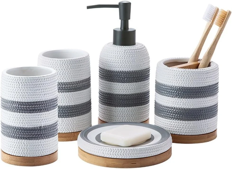 ست بهداشتی سرویس بهداشتی هتل، لوازم حمام منزل، فنجان سرامیکی، ست شستشو و غرغره، ست 5 تکه