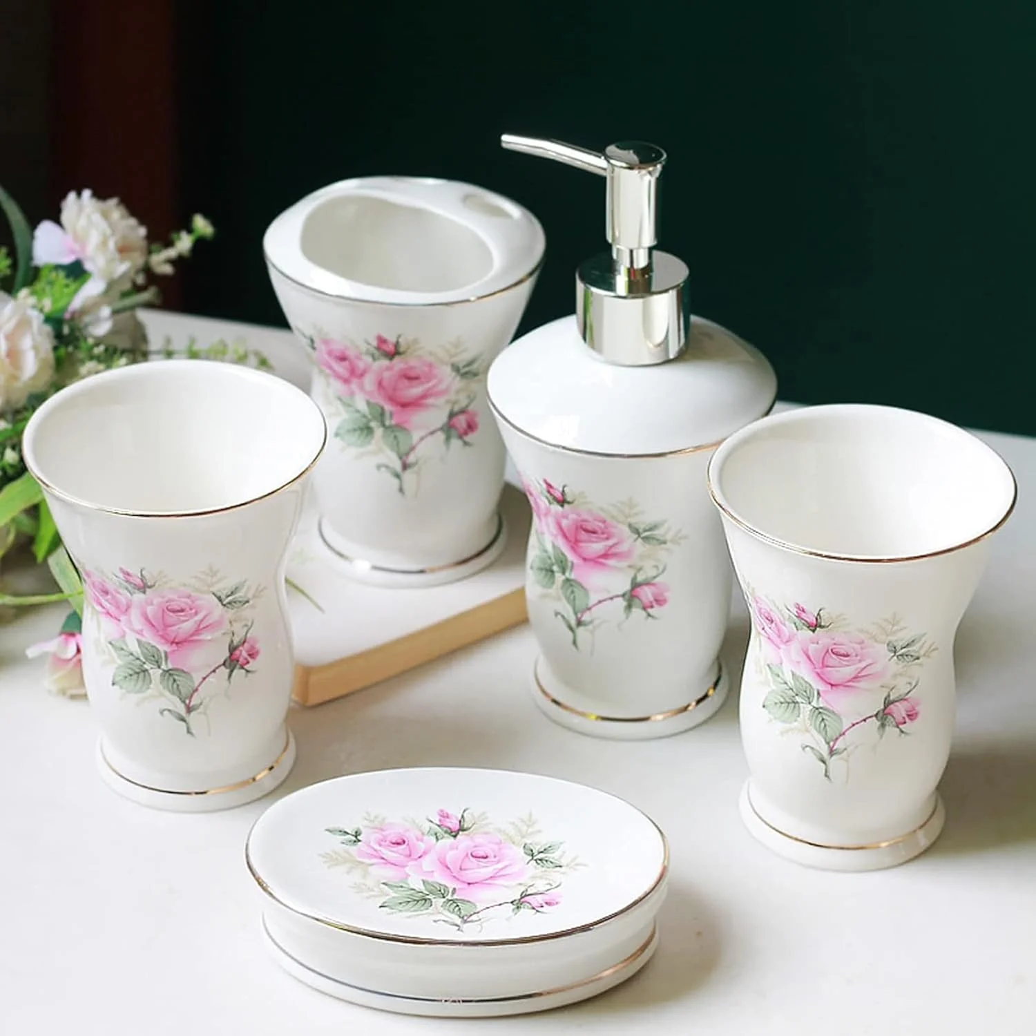ست لوازم بهداشتی حمام 5 تکه، لوازم جانبی حمام، جا مایع صابون، جا مسواکی، لیوان حمام، جا صابونی تزئینی حمام