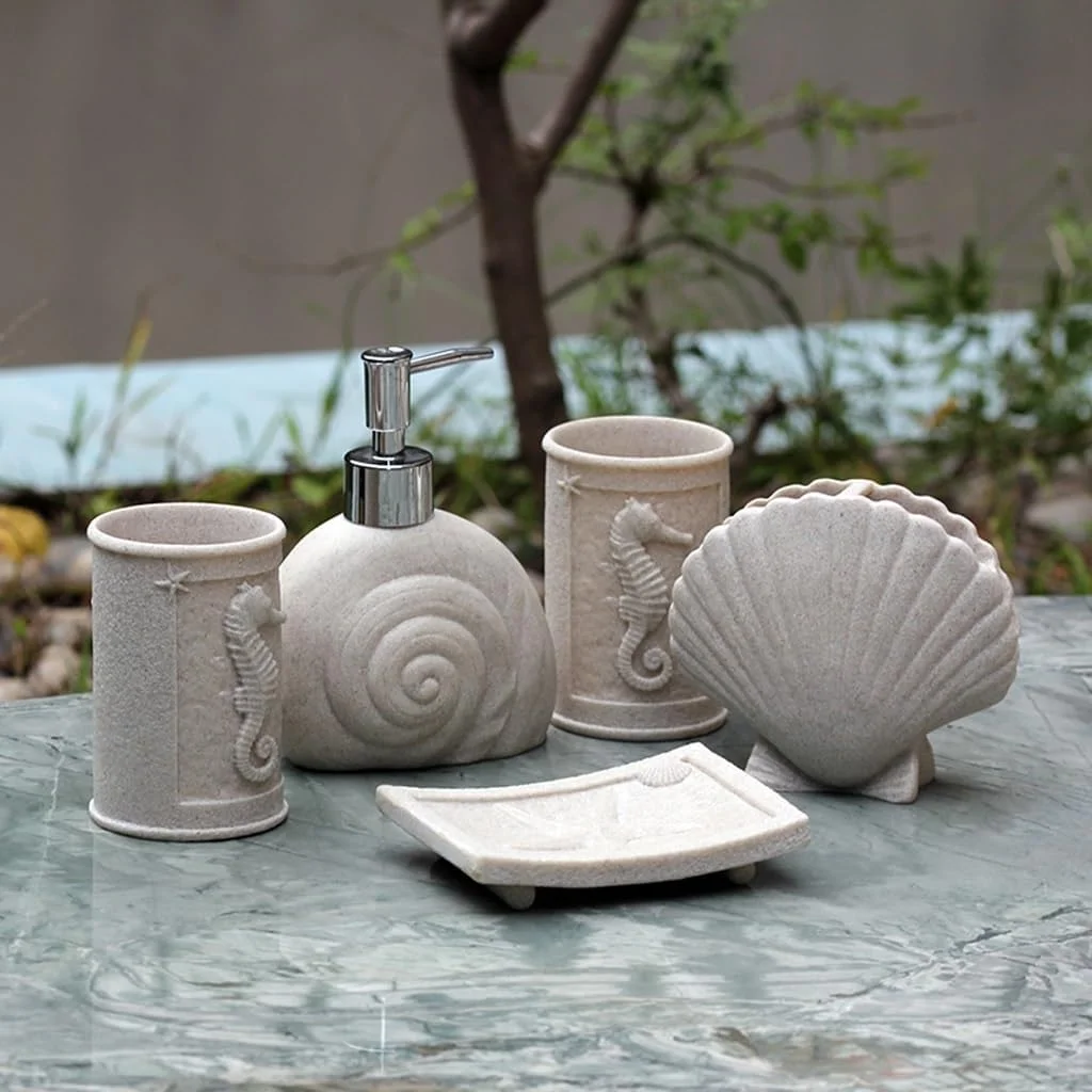 ست پنج تکه لوازم بهداشتی سرامیکی برای حمام شامل جا مسواکی، لیوان، جای مایع دستشویی و جا صابونی ست پنج تکه لوازم بهداشتی سرامیکی برای حمام شامل جا مسواکی، لیوان، جای مایع دستشویی و جا صابونی