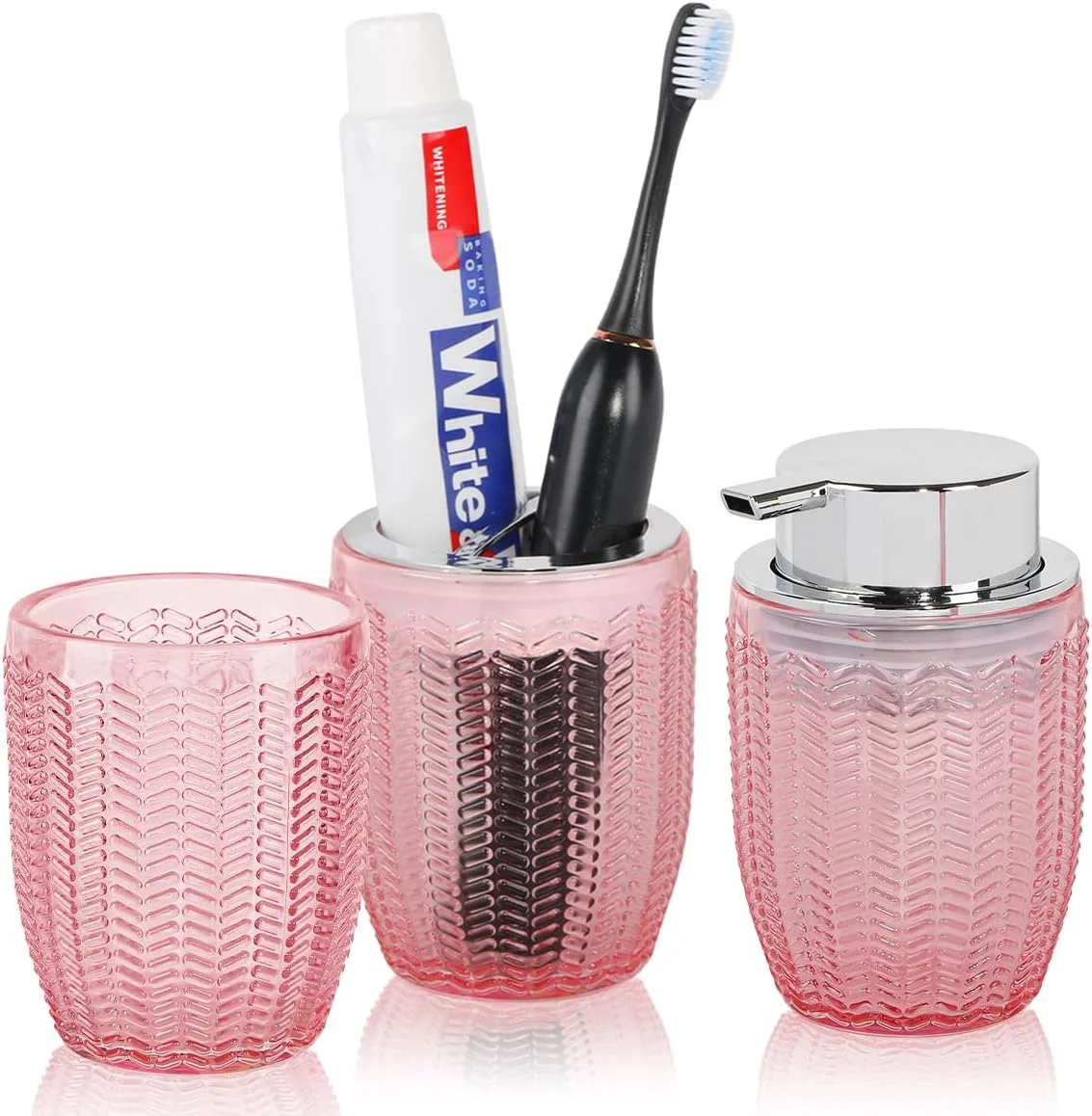 ست لوازم جانبی حمام 3 تکه، جا مسواکی شیشه ای صورتی و ست پخش کننده فوم صابون، پخش کننده صابون فوم حمام، لیوان، جا خمیر دندان و مسواک برای دکوراسیون روی میز ست لوازم جانبی حمام 3 تکه، جا مسواکی شیشه ای صورتی و ست پخش کننده فوم صابون، پخش کننده صابون فوم حمام، لیوان، جا خمیر دندان و مسواک برای دکوراسیون روی میز