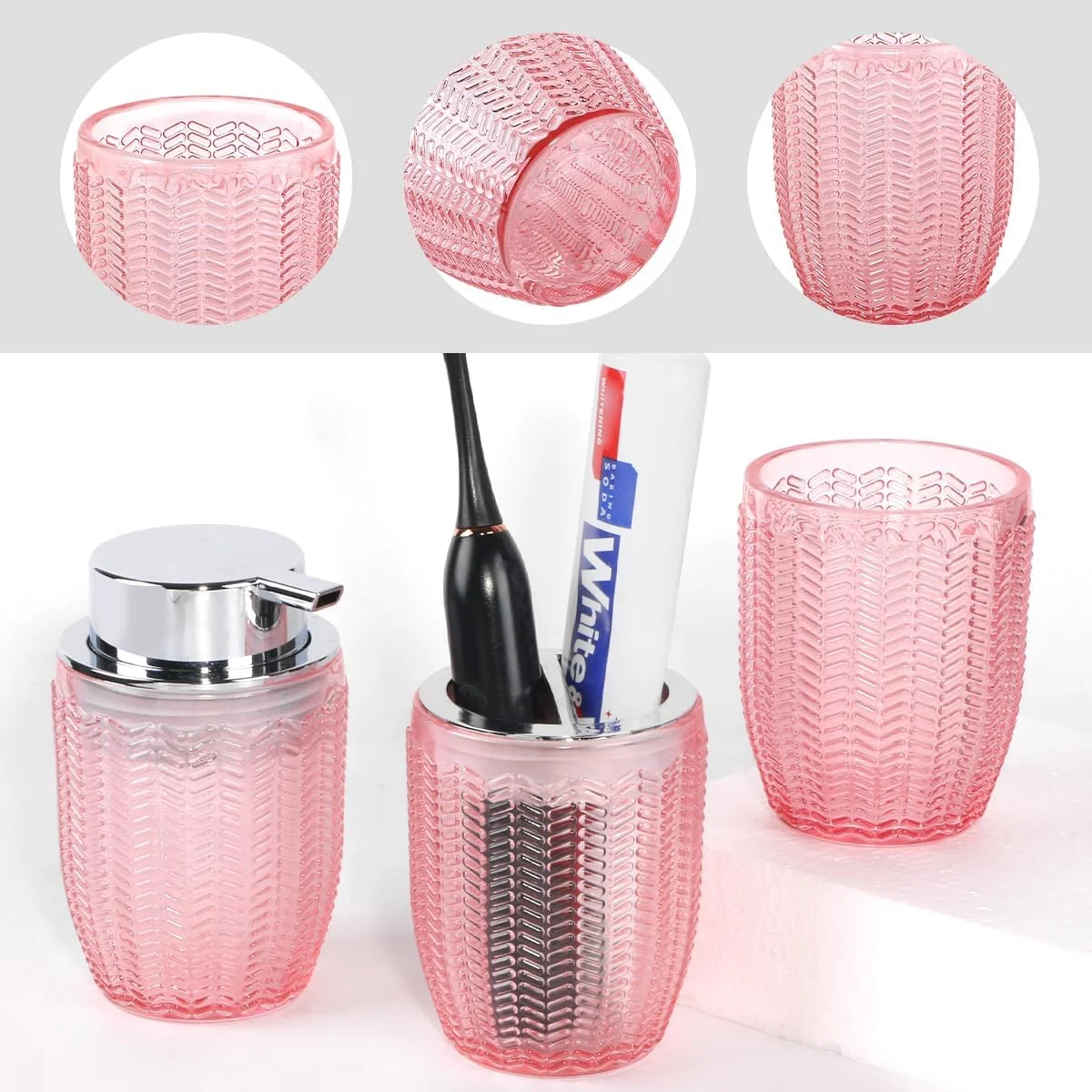 ست لوازم جانبی حمام 3 تکه، جا مسواکی شیشه ای صورتی و ست پخش کننده فوم صابون، پخش کننده صابون فوم حمام، لیوان، جا خمیر دندان و مسواک برای دکوراسیون روی میز ست لوازم جانبی حمام 3 تکه، جا مسواکی شیشه ای صورتی و ست پخش کننده فوم صابون، پخش کننده صابون فوم حمام، لیوان، جا خمیر دندان و مسواک برای دکوراسیون روی میز