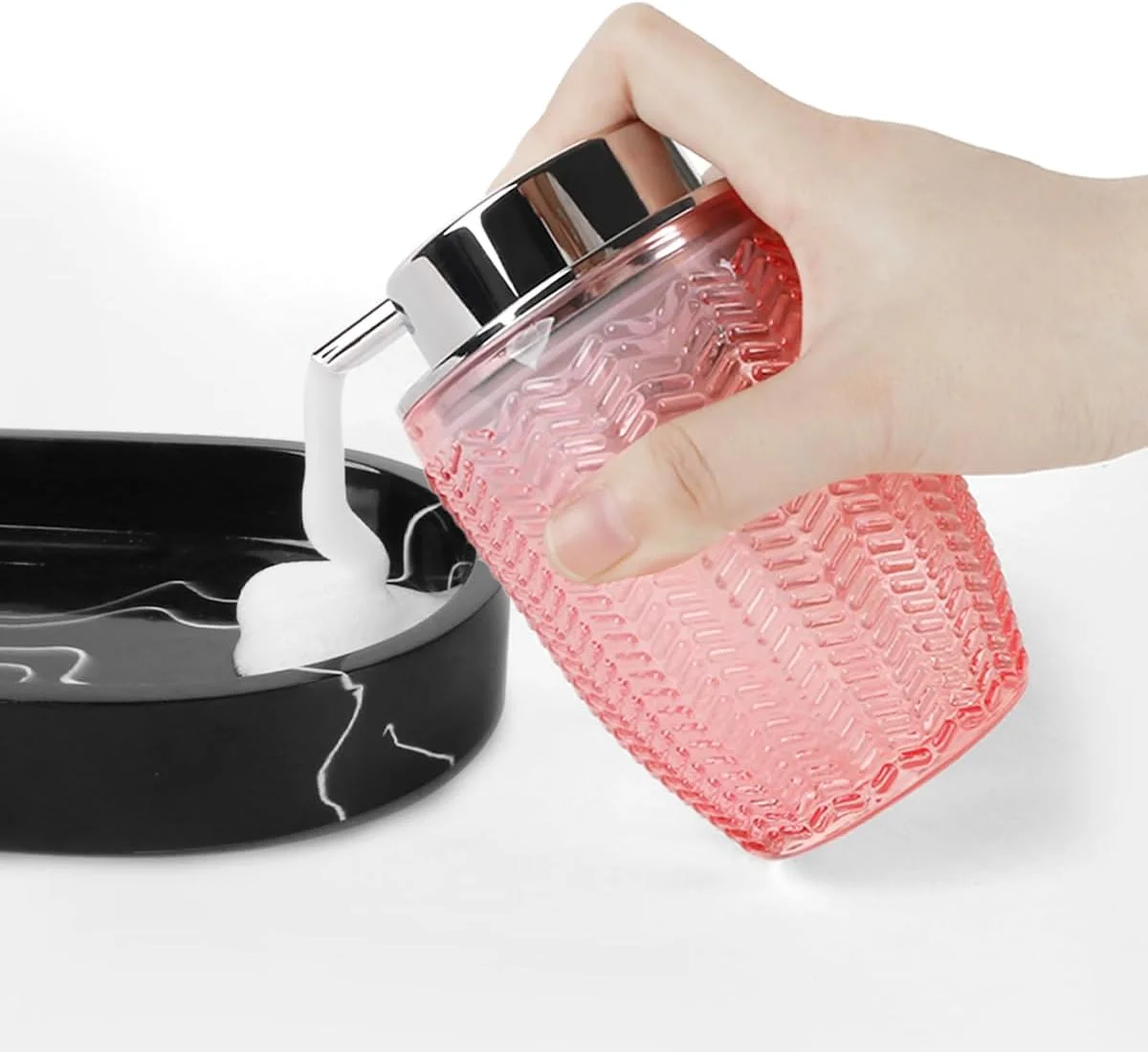 ست لوازم جانبی حمام Tonxus، شامل جا مسواکی شیشه ای صورتی و جا مایع فوم، جا مایع دستشویی فوم، لیوان، جا خمیر دندان و مسواک برای دکوراسیون روی میز ست لوازم جانبی حمام Tonxus، شامل جا مسواکی شیشه ای صورتی و جا مایع فوم، جا مایع دستشویی فوم، لیوان، جا خمیر دندان و مسواک برای دکوراسیون روی میز