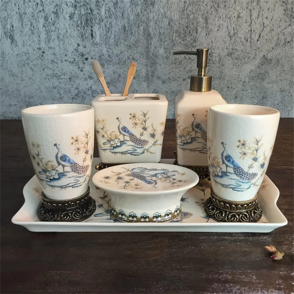 ست بهداشتی سرامیکی پنج تکه شامل لیوان مسواک، مناسب برای حمام به سبک اروپایی