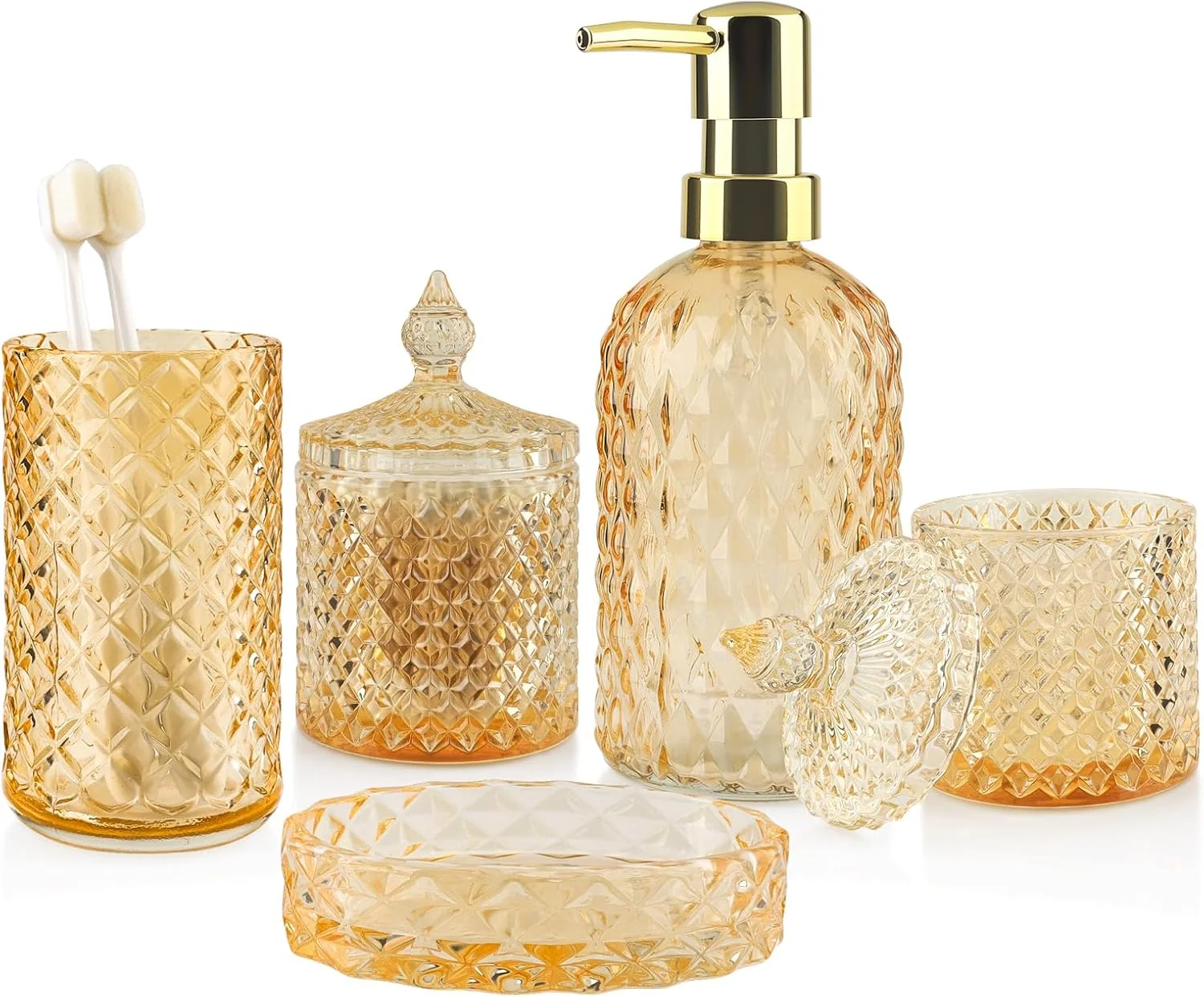 ست لوازم جانبی حمام طلایی تاپسکی، سازمان دهنده رومیزی دکوری شیشه ای حمام، ست 5 تکه لوازم حمام شامل جا مایع (استوانه ای)، جا صابونی، جا مسواکی، لیوان و جا پنبه ست لوازم جانبی حمام طلایی تاپسکی، سازمان دهنده رومیزی دکوری شیشه ای حمام، ست 5 تکه لوازم حمام شامل جا مایع (استوانه ای)، جا صابونی، جا مسواکی، لیوان و جا پنبه