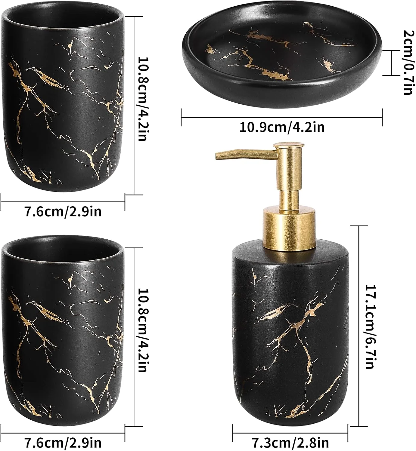 ست لوازم دکوری حمام Topsky، ست لوازم جانبی روی میز، ست لوازم جانبی حمام سرامیکی با طرح سنگ مرمر مشکی، ست ظروف حمام شامل جا صابونی، جا مایع صابون، لیوان حمام، جا مسواکی ست لوازم دکوری حمام Topsky، ست لوازم جانبی روی میز، ست لوازم جانبی حمام سرامیکی با طرح سنگ مرمر مشکی، ست ظروف حمام شامل جا صابونی، جا مایع صابون، لیوان حمام، جا مسواکی