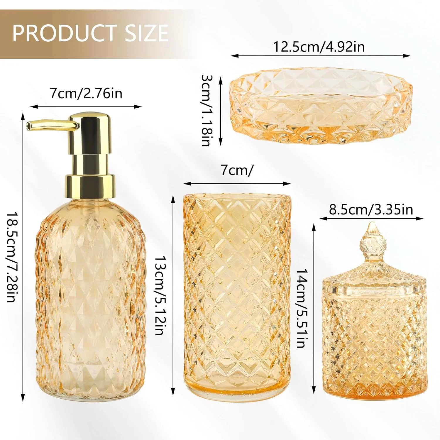 ست لوازم جانبی حمام طلایی تاپسکی، سازمان دهنده رومیزی دکوری شیشه ای حمام، ست 5 تکه لوازم حمام شامل جا مایع (استوانه ای)، جا صابونی، جا مسواکی، لیوان و جا پنبه ست لوازم جانبی حمام طلایی تاپسکی، سازمان دهنده رومیزی دکوری شیشه ای حمام، ست 5 تکه لوازم حمام شامل جا مایع (استوانه ای)، جا صابونی، جا مسواکی، لیوان و جا پنبه