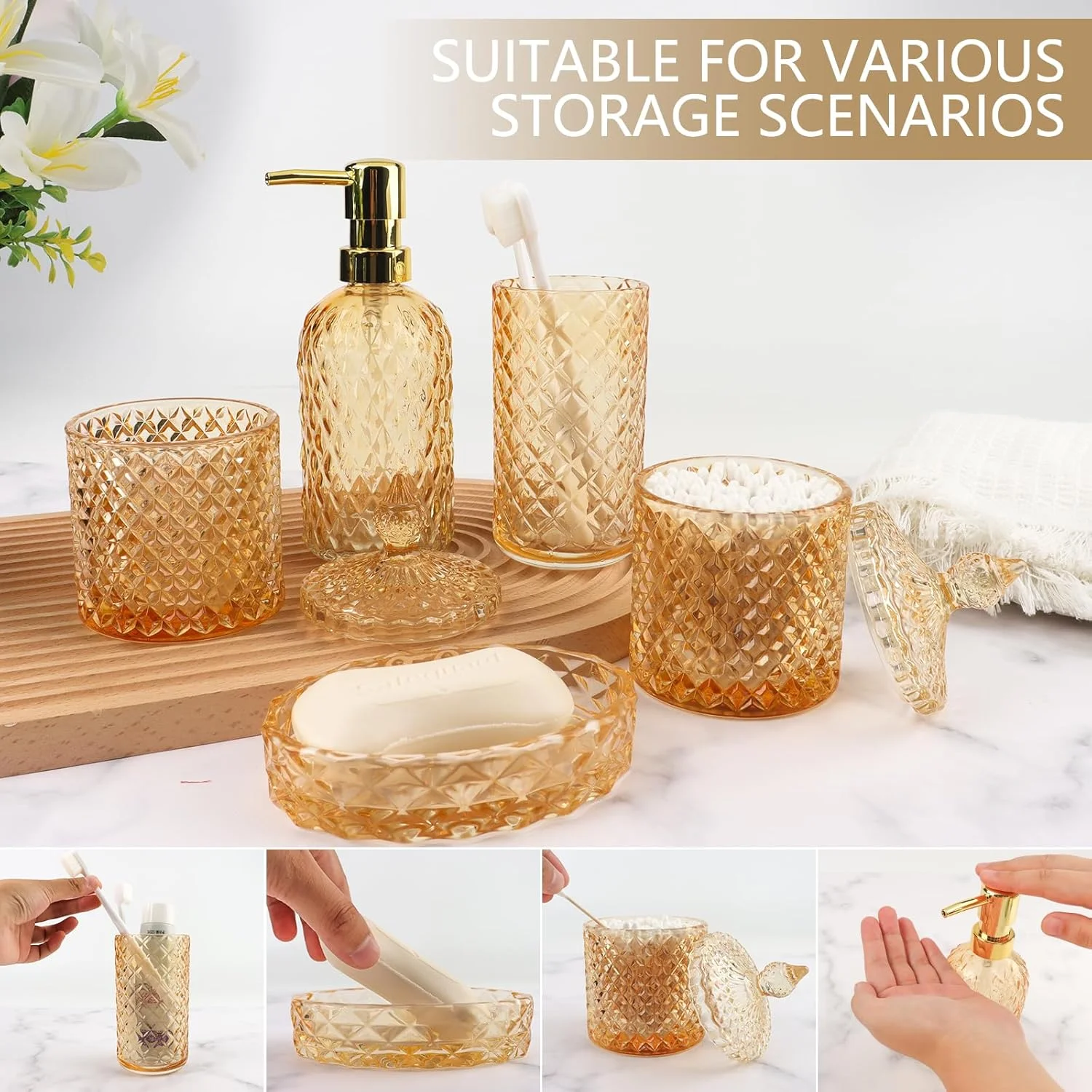 ست لوازم جانبی حمام طلایی تاپسکی، سازمان دهنده رومیزی دکوری شیشه ای حمام، ست 5 تکه لوازم حمام شامل جا مایع (استوانه ای)، جا صابونی، جا مسواکی، لیوان و جا پنبه ست لوازم جانبی حمام طلایی تاپسکی، سازمان دهنده رومیزی دکوری شیشه ای حمام، ست 5 تکه لوازم حمام شامل جا مایع (استوانه ای)، جا صابونی، جا مسواکی، لیوان و جا پنبه