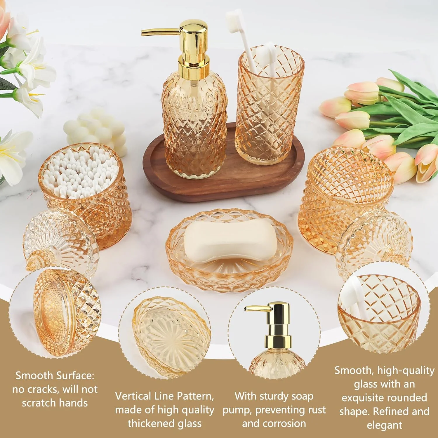 ست لوازم جانبی حمام طلایی تاپسکی، سازمان دهنده رومیزی دکوری شیشه ای حمام، ست 5 تکه لوازم حمام شامل جا مایع (استوانه ای)، جا صابونی، جا مسواکی، لیوان و جا پنبه ست لوازم جانبی حمام طلایی تاپسکی، سازمان دهنده رومیزی دکوری شیشه ای حمام، ست 5 تکه لوازم حمام شامل جا مایع (استوانه ای)، جا صابونی، جا مسواکی، لیوان و جا پنبه