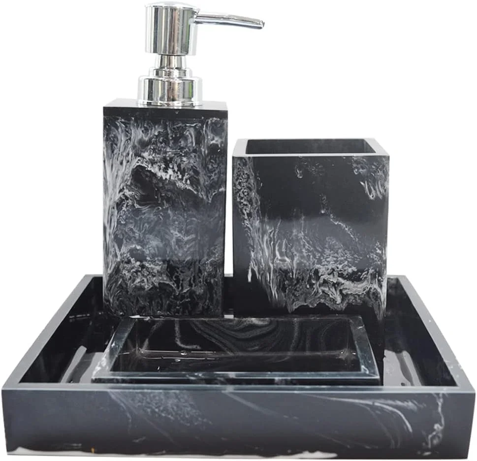 ست لوازم جانبی حمام رزینی لوکس با طراحی ممتاز. ست دکور و نظم دهنده حمام 4 تکه شامل جای صابون، جا مسواک/خمیر دندان، مایع ریز صابون و سینی روشویی (مدرن) ست لوازم جانبی حمام رزینی لوکس با طراحی ممتاز. ست دکور و نظم دهنده حمام 4 تکه شامل جای صابون، جا مسواک/خمیر دندان، مایع ریز صابون و سینی روشویی (مدرن)