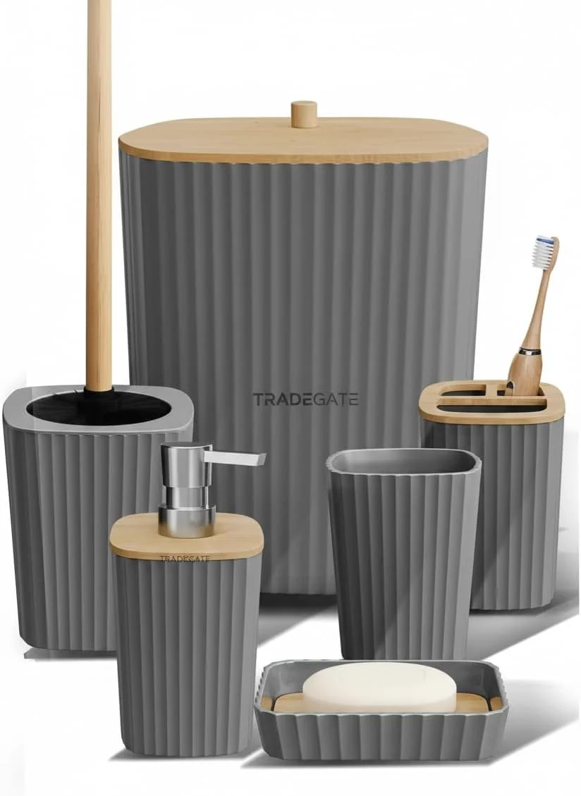 ست لوازم جانبی حمام مدرن 6 تکه – خاکستری با جزئیات چوبی | جا مایع صابون، جا مسواکی، جا صابونی، لیوان، برس توالت و سطل زباله برای دکوراسیون منزل ست لوازم جانبی حمام مدرن 6 تکه – خاکستری با جزئیات چوبی | جا مایع صابون، جا مسواکی، جا صابونی، لیوان، برس توالت و سطل زباله برای دکوراسیون منزل