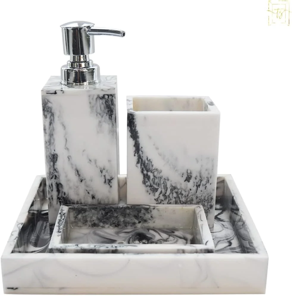 ست لوازم جانبی حمام رزینی لوکس با طراحی ممتاز. ست دکور و سازمان دهنده حمام 4 تکه شامل جا صابونی، جا مسواک/خمیر دندان، مایع ریز صابون و سینی روشویی (ویکتوریایی)