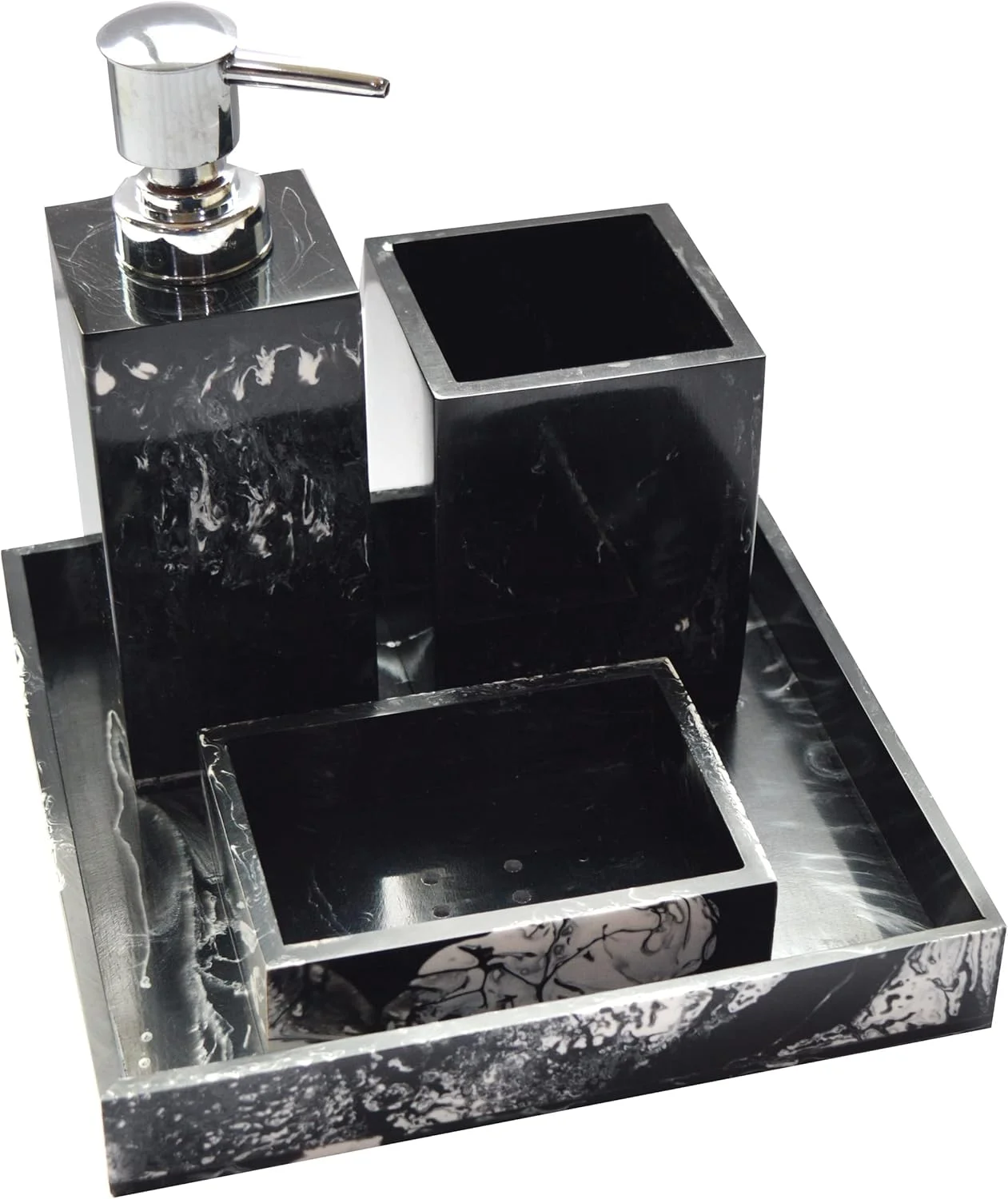 ست لوازم جانبی حمام رزینی لوکس با طراحی ممتاز. ست دکور و نظم دهنده حمام 4 تکه شامل جای صابون، جا مسواک/خمیر دندان، مایع ریز صابون و سینی روشویی (مدرن)