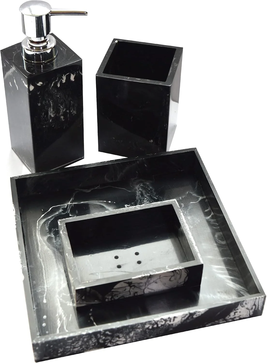 ست لوازم جانبی حمام رزینی لوکس با طراحی ممتاز. ست دکور و نظم دهنده حمام 4 تکه شامل جای صابون، جا مسواک/خمیر دندان، مایع ریز صابون و سینی روشویی (مدرن)