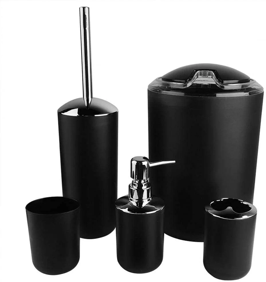 ست لوازم جانبی حمام، 6 تکه، شامل جا مایع صابون، جا صابونی، جا مسواکی، لیوان شستشو، جا برس توالت، سطل زباله، ست حمام - مشکی ست لوازم جانبی حمام، 6 تکه، شامل جا مایع صابون، جا صابونی، جا مسواکی، لیوان شستشو، جا برس توالت، سطل زباله، ست حمام - مشکی