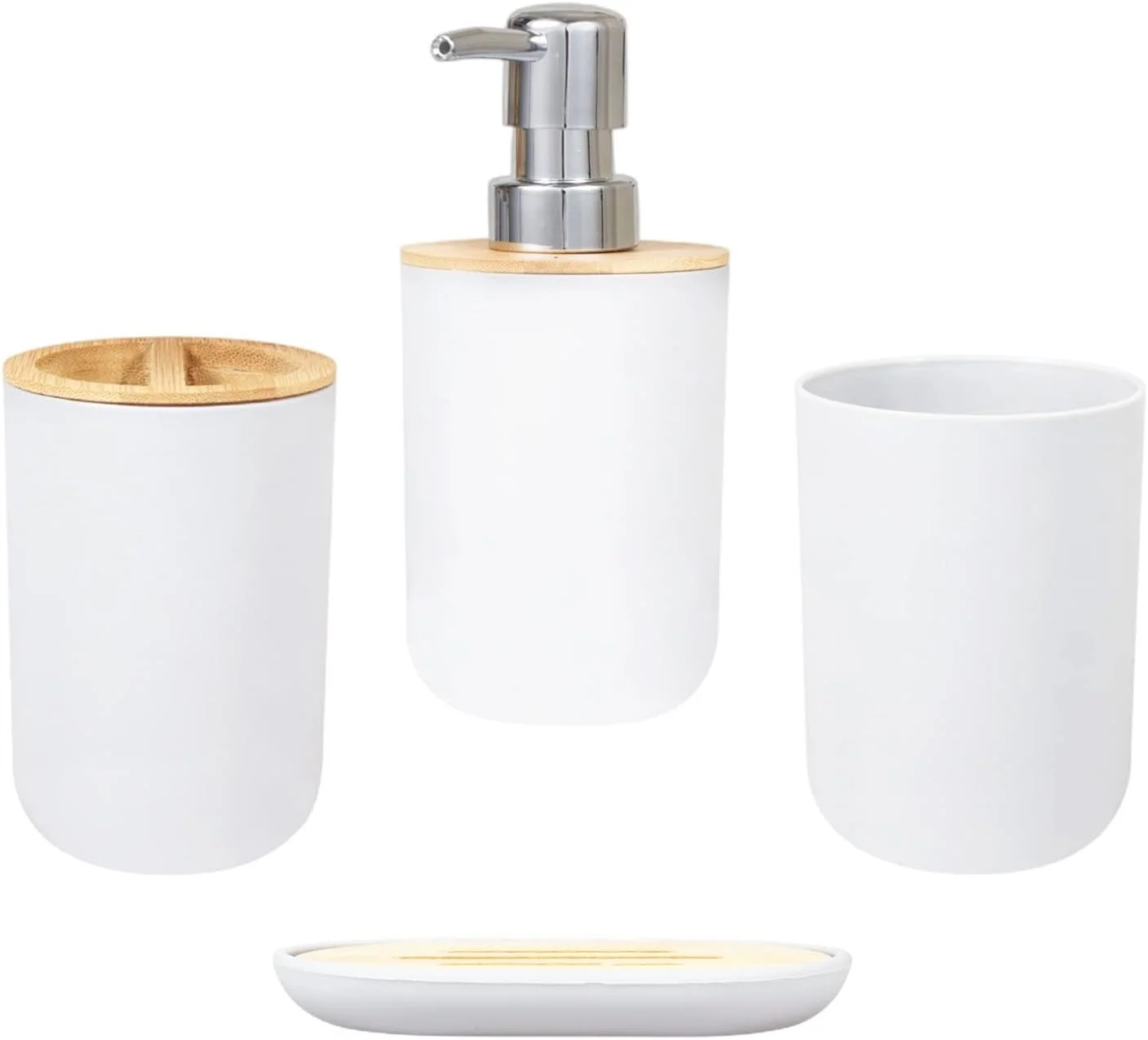 ست لوازم جانبی حمام - ست 4 تکه بامبو، جای مایع دستشویی، جا مسواکی، لیوان مسواک، جا صابونی تخلیه دار برای دوش، اتاق لباسشویی، روشویی، پیشخوان آشپزخانه، سفید ست لوازم جانبی حمام - ست 4 تکه بامبو، جای مایع دستشویی، جا مسواکی، لیوان مسواک، جا صابونی تخلیه دار برای دوش، اتاق لباسشویی، روشویی، پیشخوان آشپزخانه، سفید