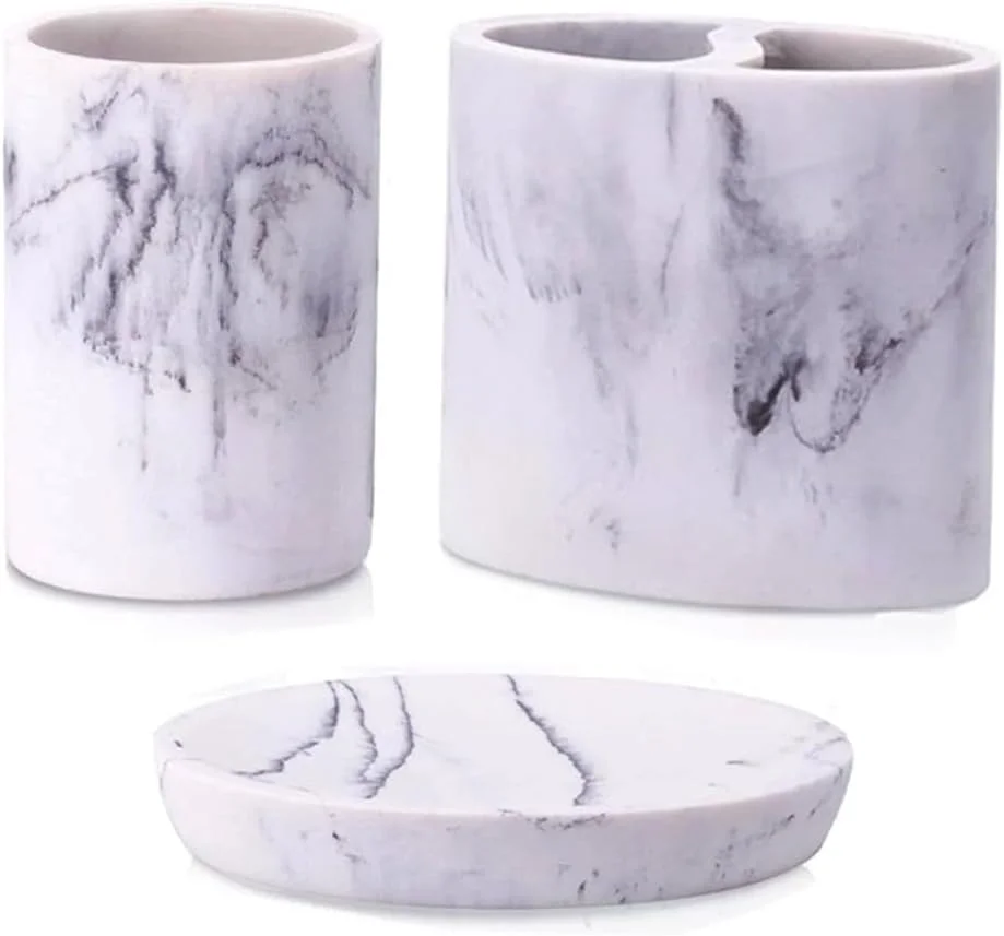 ست لوازم جانبی حمام با طرح سنگ مرمر، 3 تکه، جا مسواکی، جا صابونی و ظرف نگهداری ست لوازم جانبی حمام با طرح سنگ مرمر، 3 تکه، جا مسواکی، جا صابونی و ظرف نگهداری