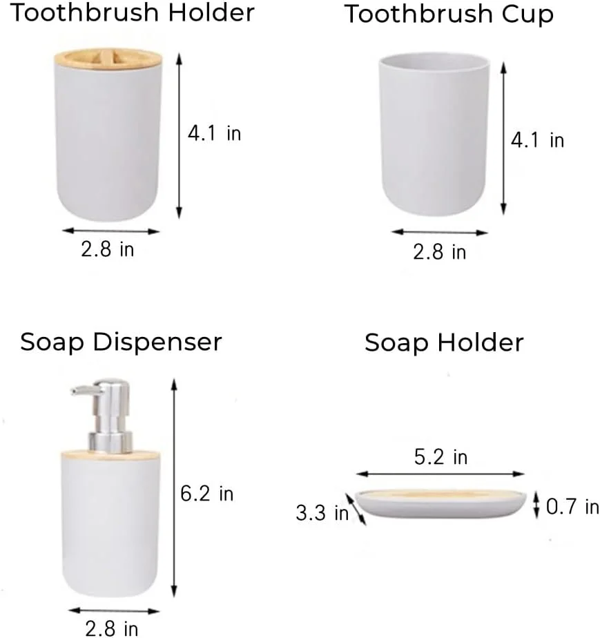 ست لوازم جانبی حمام - ست 4 تکه بامبو، جا مایع صابون، جا مسواکی، لیوان مسواک، جا صابونی تخلیه دار برای دوش، اتاق لباسشویی، روشویی، پیشخوان، سینک آشپزخانه، سفید ست لوازم جانبی حمام - ست 4 تکه بامبو، جا مایع صابون، جا مسواکی، لیوان مسواک، جا صابونی تخلیه دار برای دوش، اتاق لباسشویی، روشویی، پیشخوان، سینک آشپزخانه، سفید