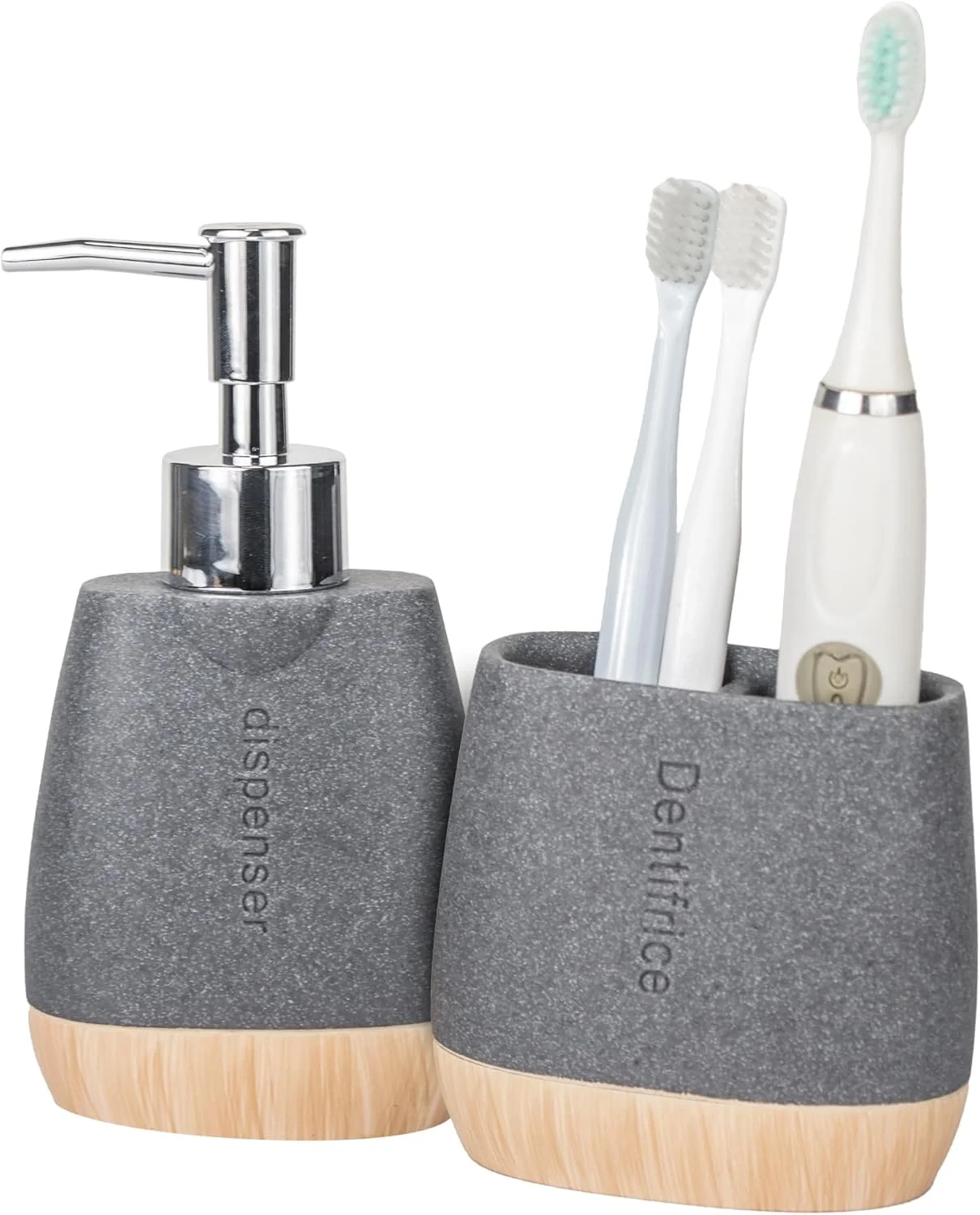 ست لوازم جانبی حمام دو تکه پریمیوم UMAI | جا مسواکی | جا مایع دستشویی | مقاوم در برابر رطوبت | ضد خش | خاکستری-طبیعی