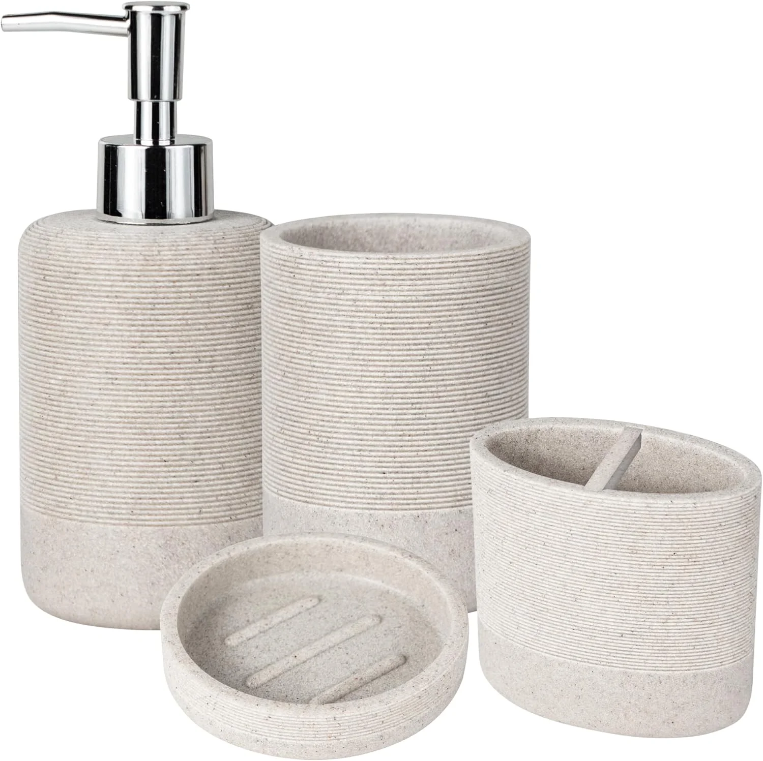 ست لوازم جانبی حمام 4 تکه ممتاز UMAI | جا صابونی | جا مایع صابون (280 میلی لیتر) | لیوان | جا مسواکی | مقاوم در برابر رطوبت | ضد خش | خاکی