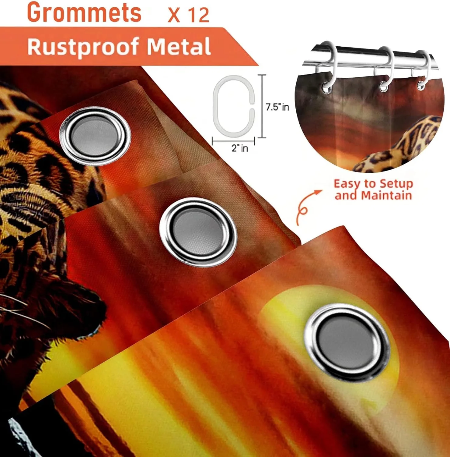 ست پرده حمام پلنگی طرح یوزپلنگ UFFAE شامل ۴ تکه، به همراه پادری، روکش درب توالت، زیرپایی حمام، ضدآب با طرح حیوانات آفریقایی، به همراه ۱۲ عدد قلاب