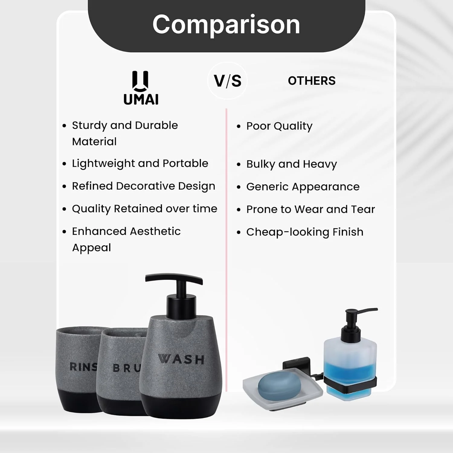ست لوازم جانبی حمام 3 تکه ممتاز UMAI | جا مسواکی | جا مایع صابون | لیوان | مقاوم در برابر رطوبت | ضد خش | خاکستری-مشکی ست لوازم جانبی حمام 3 تکه ممتاز UMAI | جا مسواکی | جا مایع صابون | لیوان | مقاوم در برابر رطوبت | ضد خش | خاکستری-مشکی