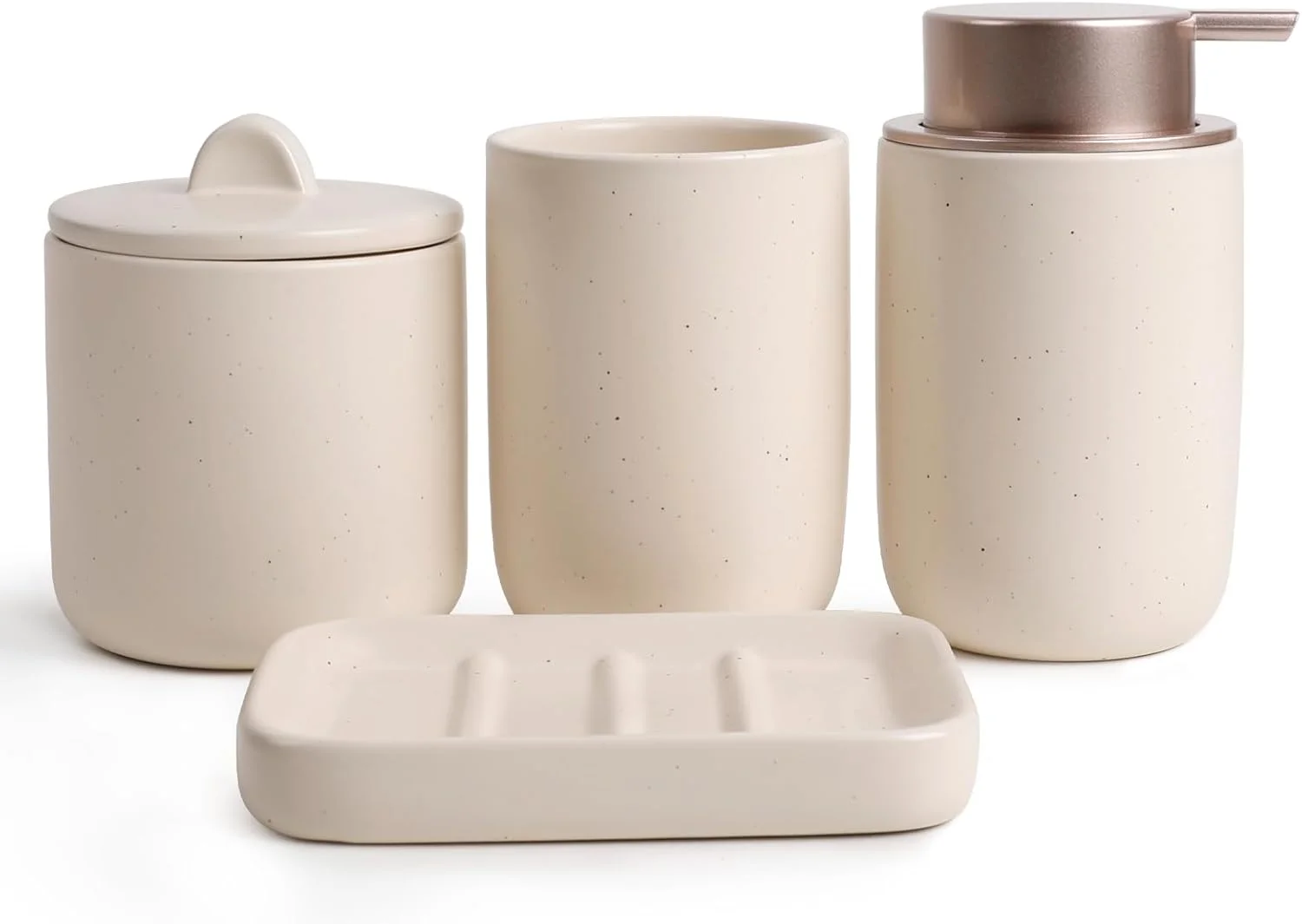 ست لوازم حمام Umlaca، سرامیکی خالدار، بژ، 4 تکه شامل جای مایع صابون، لیوان دهانشویه، ظرف پنبه و جا صابونی، مناسب برای حمام و دوش (جای مایع صابون، بژ + صورتی) ست لوازم حمام Umlaca، سرامیکی خالدار، بژ، 4 تکه شامل جای مایع صابون، لیوان دهانشویه، ظرف پنبه و جا صابونی، مناسب برای حمام و دوش (جای مایع صابون، بژ + صورتی)