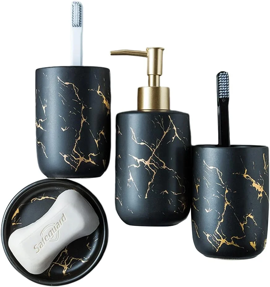 ست لوازم جانبی سرامیکی حمام، ست کامل 4 تکه با طرح سنگ مرمر شامل جای مایع صابون، جا مسواکی، 2 لیوان و جای صابون (مشکی - چهار تکه) ست لوازم جانبی سرامیکی حمام، ست کامل 4 تکه با طرح سنگ مرمر شامل جای مایع صابون، جا مسواکی، 2 لیوان و جای صابون (مشکی - چهار تکه)