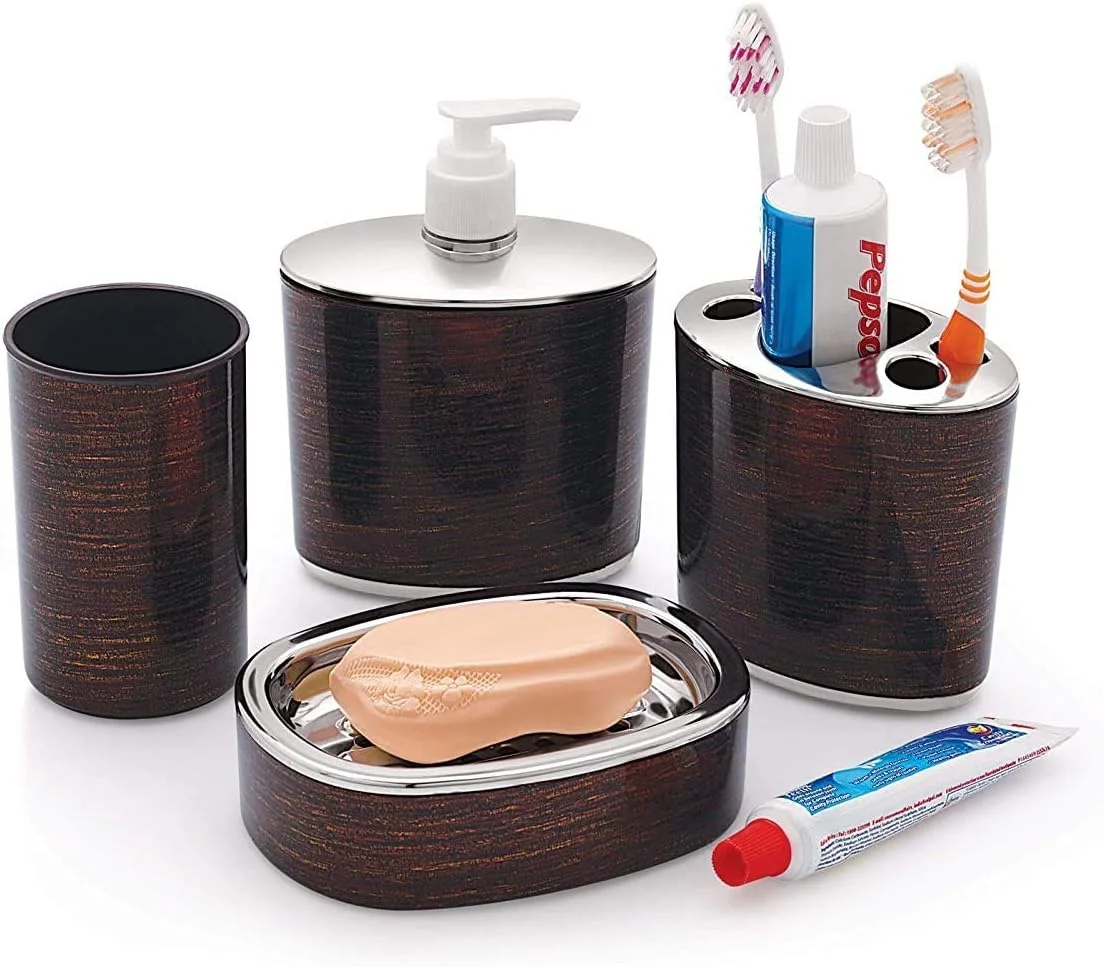 ست لوازم جانبی چوبی 4 تکه حمام آپهیول - جا مایع صابون، جا مسواکی، جا صابونی و لیوان (قهوه ای و مشکی)