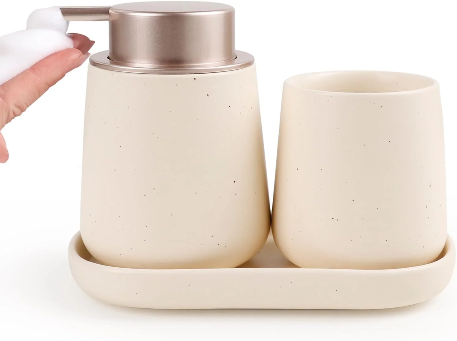 ست لوازم حمام اوملاکسا، 3 تکه - سرامیکی، طرح مرمر، بژ - ست حمام مدرن با جا مایع صابون، لیوان مسواک و جا صابونی ست لوازم حمام اوملاکسا، 3 تکه - سرامیکی، طرح مرمر، بژ - ست حمام مدرن با جا مایع صابون، لیوان مسواک و جا صابونی