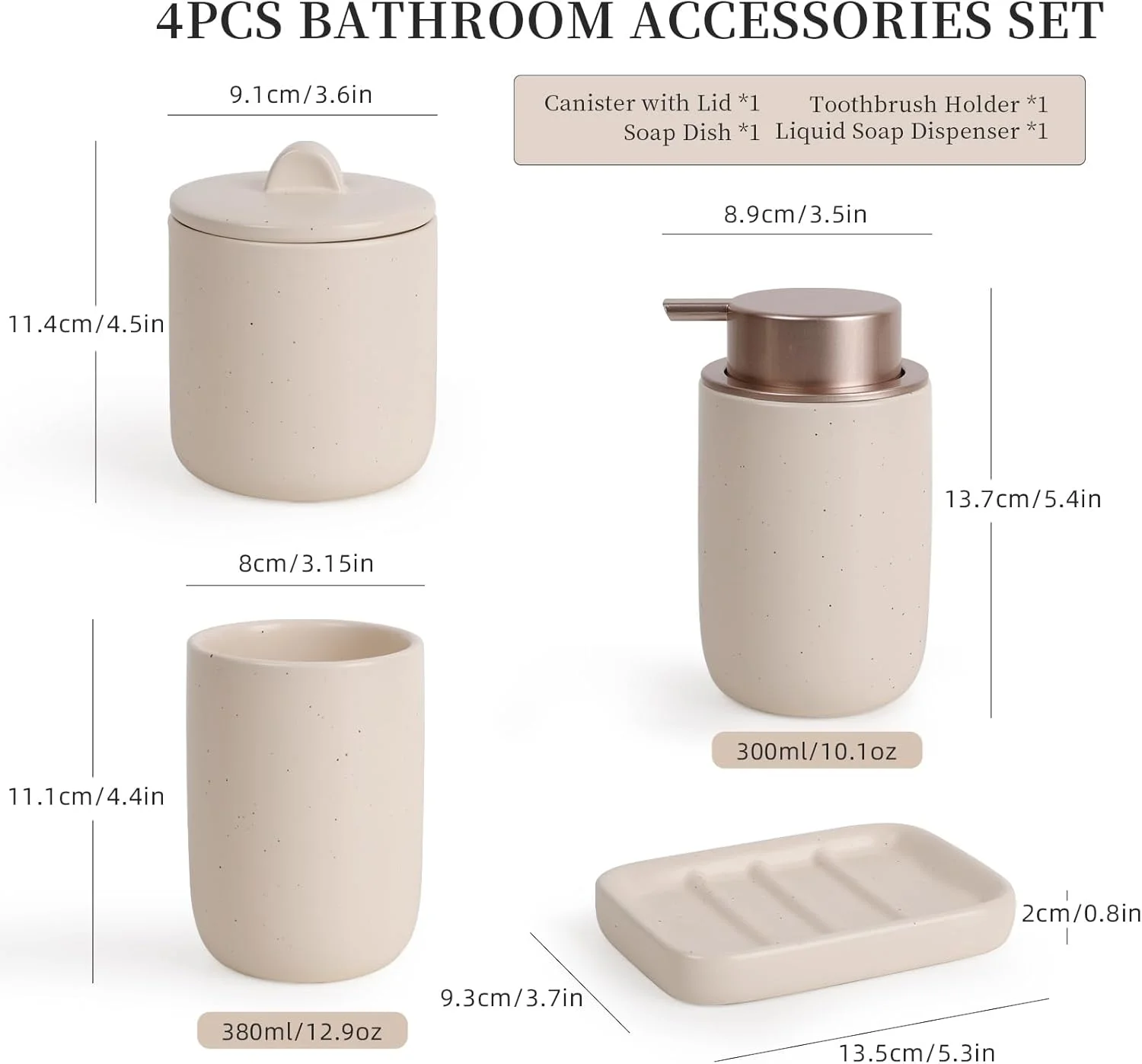 ست لوازم حمام Umlaca، سرامیکی خالدار، بژ، 4 تکه شامل جای مایع صابون، لیوان دهانشویه، ظرف پنبه و جا صابونی، مناسب برای حمام و دوش (جای مایع صابون، بژ + صورتی) ست لوازم حمام Umlaca، سرامیکی خالدار، بژ، 4 تکه شامل جای مایع صابون، لیوان دهانشویه، ظرف پنبه و جا صابونی، مناسب برای حمام و دوش (جای مایع صابون، بژ + صورتی)