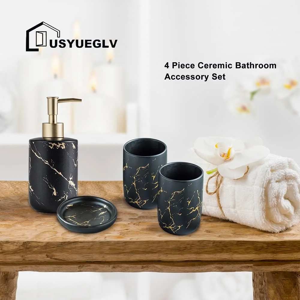 ست لوازم جانبی سرامیکی حمام، ست کامل 4 تکه با طرح سنگ مرمر شامل جای مایع صابون، جا مسواکی، 2 لیوان و جای صابون (مشکی - چهار تکه)