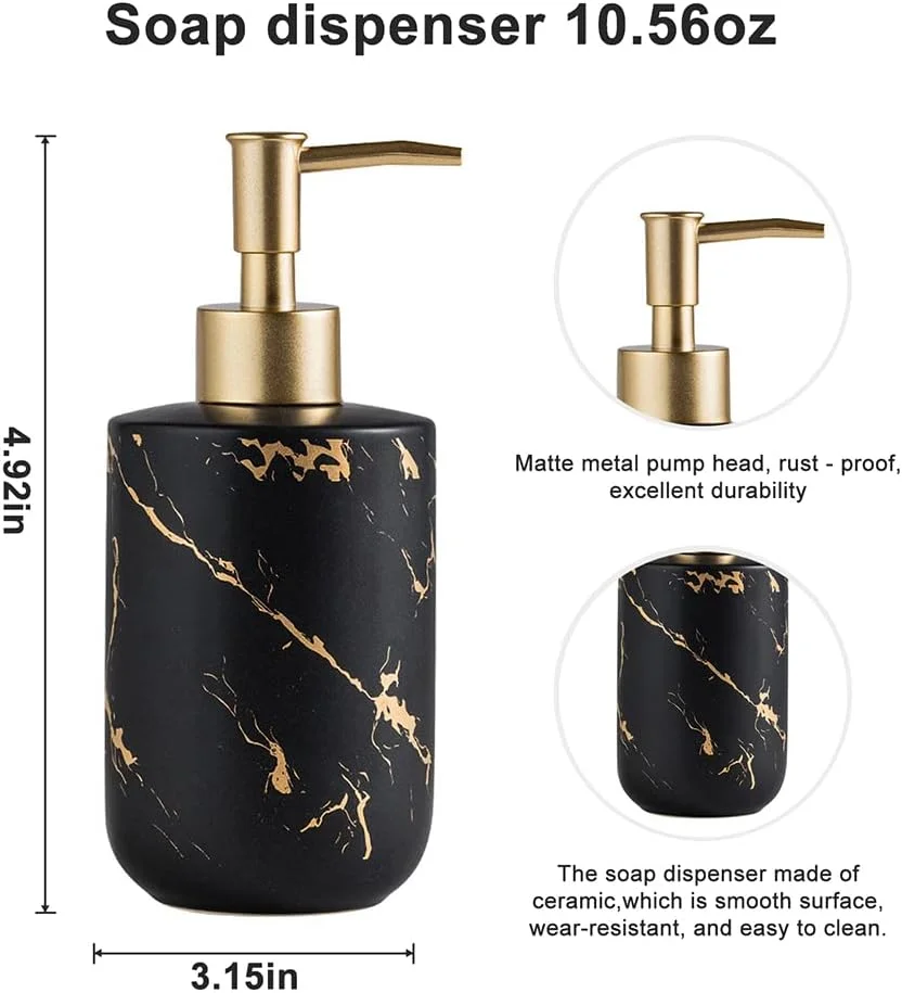 ست لوازم جانبی سرامیکی حمام، ست کامل 4 تکه با طرح سنگ مرمر شامل جای مایع صابون، جا مسواکی، 2 لیوان و جای صابون (مشکی - چهار تکه)