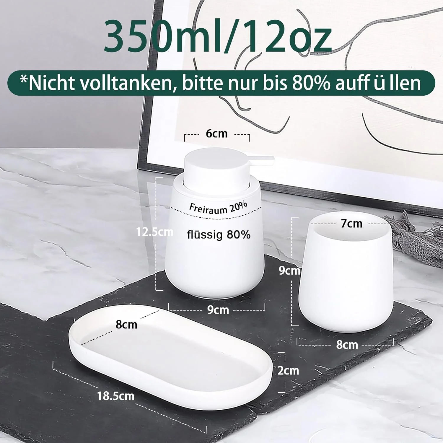 ست لوازم جانبی حمام، شامل 3 قطعه: جا مایع دستشویی 350 میلی لیتری، لیوان مسواک 320 میلی لیتری و جا صابونی، مناسب برای حمام، سینک، جا مایع دستشویی