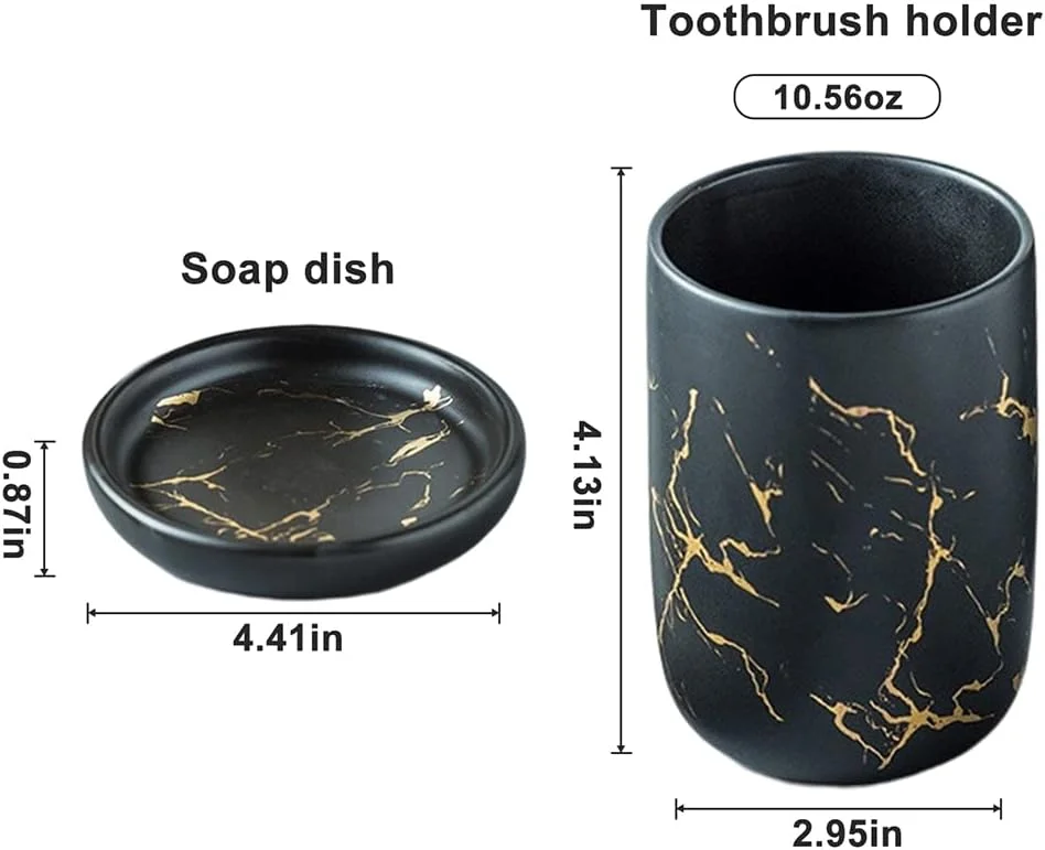 ست لوازم جانبی سرامیکی حمام، ست کامل 4 تکه با طرح سنگ مرمر شامل جای مایع صابون، جا مسواکی، 2 لیوان و جای صابون (مشکی - چهار تکه)