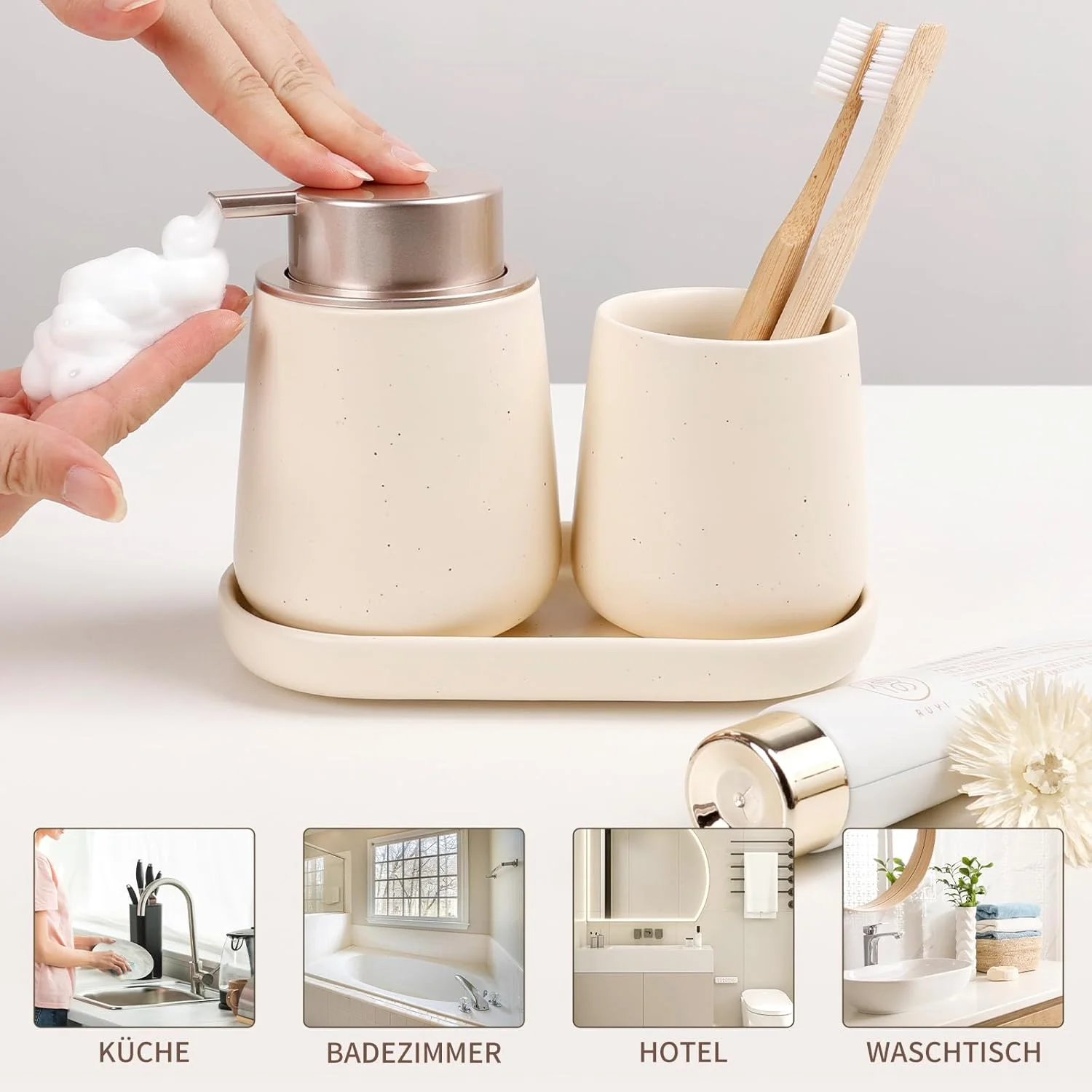 ست لوازم حمام اوملاکسا، 3 تکه - سرامیکی، طرح مرمر، بژ - ست حمام مدرن با جا مایع صابون، لیوان مسواک و جا صابونی ست لوازم حمام اوملاکسا، 3 تکه - سرامیکی، طرح مرمر، بژ - ست حمام مدرن با جا مایع صابون، لیوان مسواک و جا صابونی