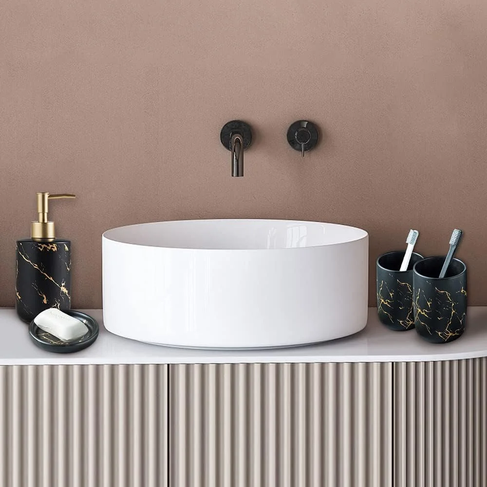 ست لوازم جانبی سرامیکی حمام، ست کامل 4 تکه با طرح سنگ مرمر شامل جای مایع صابون، جا مسواکی، 2 لیوان و جای صابون (مشکی - چهار تکه)