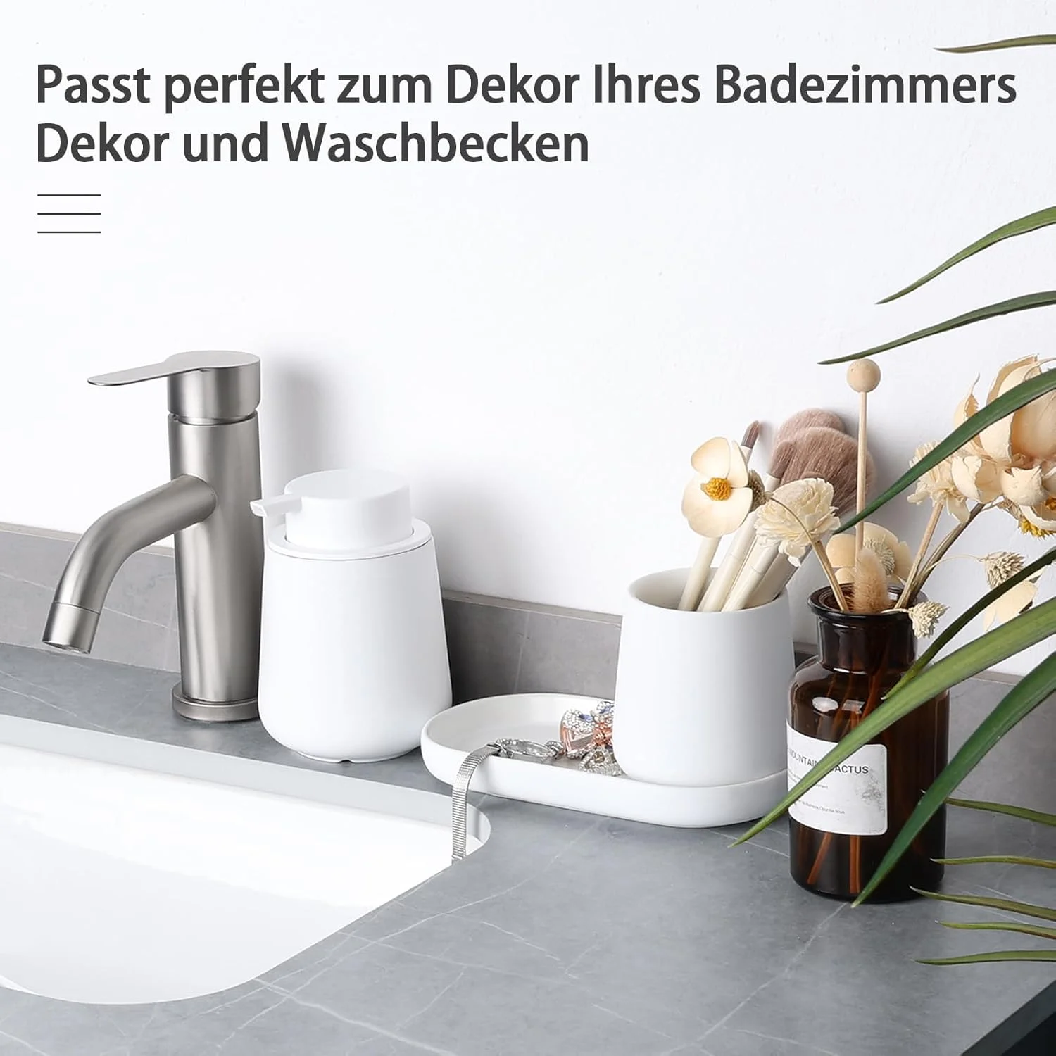 ست لوازم جانبی حمام، شامل 3 قطعه: جا مایع دستشویی 350 میلی لیتری، لیوان مسواک 320 میلی لیتری و جا صابونی، مناسب برای حمام، سینک، جا مایع دستشویی