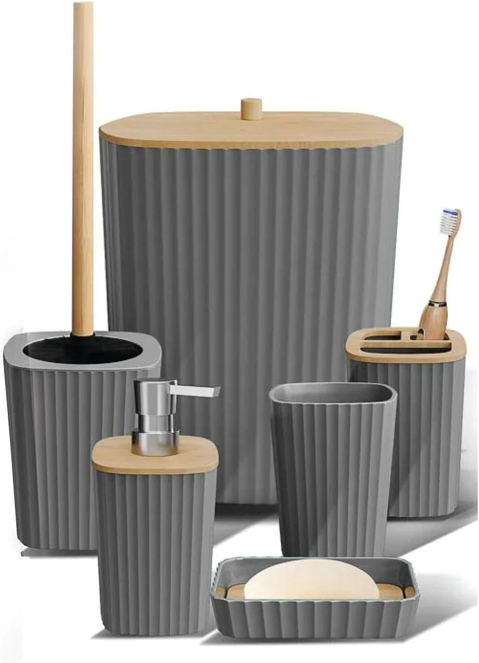 ست لوازم جانبی حمام VANTORIA، ۶ تکه، شامل برس توالت، جا مایع صابون، جا مسواکی، لیوان، جا صابونی، سطل زباله (خاکستری S) ست لوازم جانبی حمام VANTORIA، ۶ تکه، شامل برس توالت، جا مایع صابون، جا مسواکی، لیوان، جا صابونی، سطل زباله (خاکستری S)