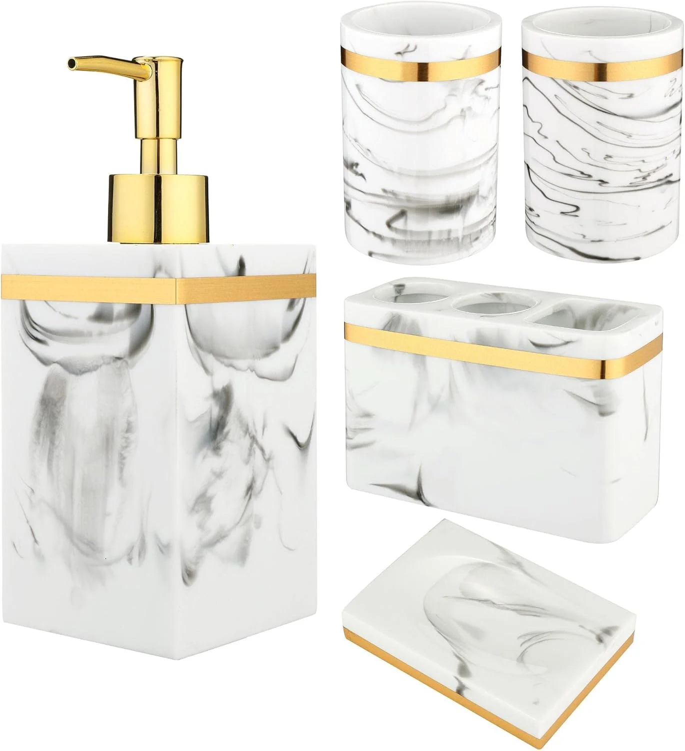 ست لوازم جانبی حمام 5 تکه USYUEGLV، جا مایع دستشویی طرح سنگ مرمر، جا مسواک و خمیر دندان، جا صابونی و لیوان (سفید) ست لوازم جانبی حمام 5 تکه USYUEGLV، جا مایع دستشویی طرح سنگ مرمر، جا مسواک و خمیر دندان، جا صابونی و لیوان (سفید)