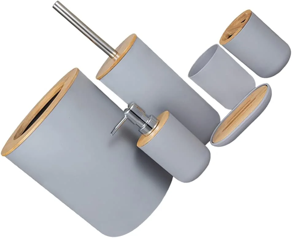 ست لوازم جانبی حمام شامل جا مسواکی، لیوان، جا مایع لوسیون، جا صابونی، برس توالت، سطل زباله و لوازم جانبی حمام / 751 (رنگ: خاکستری) ست لوازم جانبی حمام شامل جا مسواکی، لیوان، جا مایع لوسیون، جا صابونی، برس توالت، سطل زباله و لوازم جانبی حمام / 751 (رنگ: خاکستری)