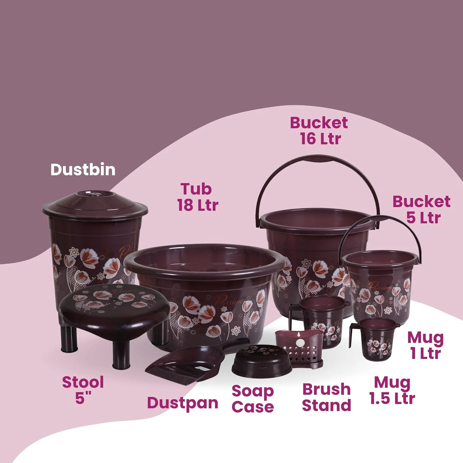 سطل پلاستیکی بزرگ 16 لیتری، سطل 5 لیتری، پاتلا، لگن عمیق، سطل زباله، لیوان 1.5 لیتری، لیوان 1 لیتری، جا صابونی، خاک انداز، جا مسواکی ست حمام (شکلاتی) - 10 تکه سطل پلاستیکی بزرگ 16 لیتری، سطل 5 لیتری، پاتلا، لگن عمیق، سطل زباله، لیوان 1.5 لیتری، لیوان 1 لیتری، جا صابونی، خاک انداز، جا مسواکی ست حمام (شکلاتی) - 10 تکه