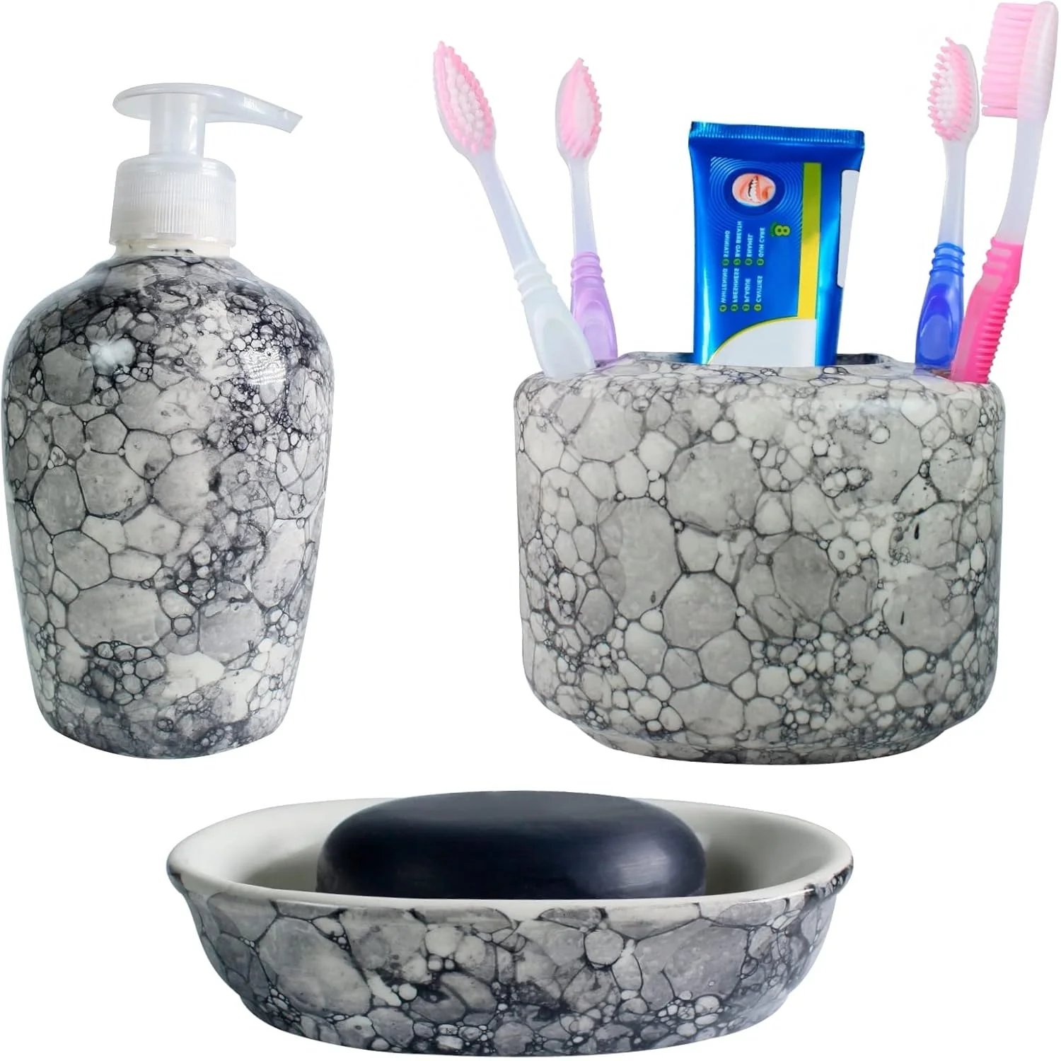 ست سرامیکی ۳ تکه لوازم جانبی حمام U & U Unique Utilities برای سینک روشویی منزل، شامل جای مایع دستشویی، جا مسواکی و جای صابون ست سرامیکی ۳ تکه لوازم جانبی حمام U & U Unique Utilities برای سینک روشویی منزل، شامل جای مایع دستشویی، جا مسواکی و جای صابون