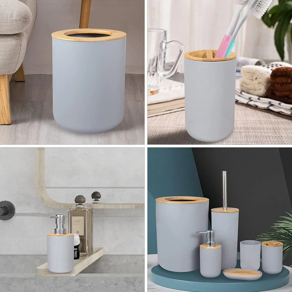 ست لوازم جانبی حمام شامل جا مسواکی، لیوان، لیوان مسواک، جا مایع لوسیون، جا صابونی، برس توالت، سطل زباله و لوازم جانبی حمام / 751 (رنگ: خاکستری) ست لوازم جانبی حمام شامل جا مسواکی، لیوان، لیوان مسواک، جا مایع لوسیون، جا صابونی، برس توالت، سطل زباله و لوازم جانبی حمام / 751 (رنگ: خاکستری)