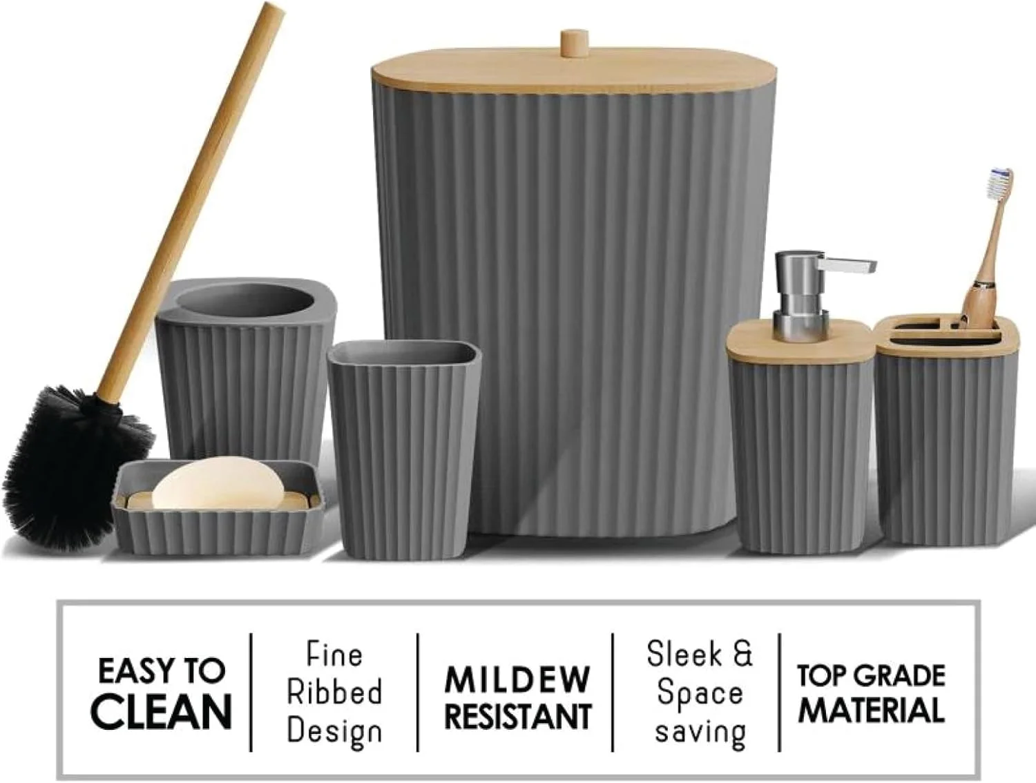 ست لوازم جانبی حمام VANTORIA، ۶ تکه، شامل برس توالت، جا مایع صابون، جا مسواکی، لیوان، جا صابونی، سطل زباله (خاکستری S) ست لوازم جانبی حمام VANTORIA، ۶ تکه، شامل برس توالت، جا مایع صابون، جا مسواکی، لیوان، جا صابونی، سطل زباله (خاکستری S)