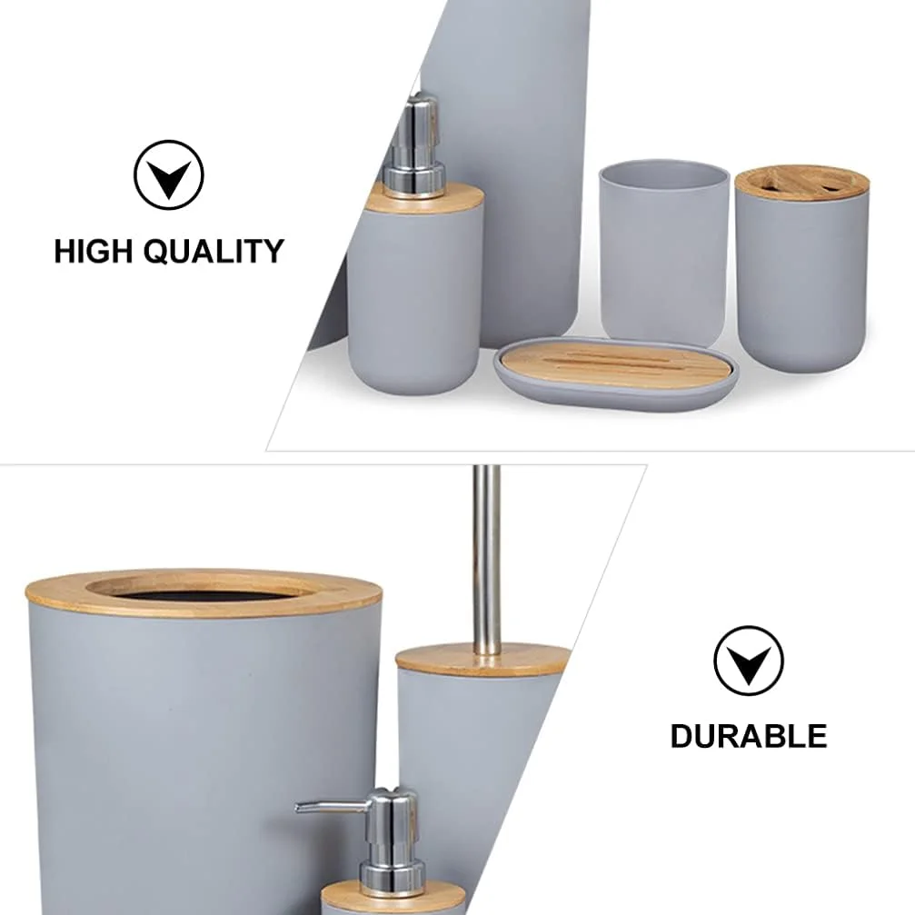 ست لوازم جانبی حمام شامل جا مسواکی، لیوان، لیوان مسواک، جا مایع لوسیون، جا صابونی، برس توالت، سطل زباله و لوازم جانبی حمام / 751 (رنگ: خاکستری) ست لوازم جانبی حمام شامل جا مسواکی، لیوان، لیوان مسواک، جا مایع لوسیون، جا صابونی، برس توالت، سطل زباله و لوازم جانبی حمام / 751 (رنگ: خاکستری)